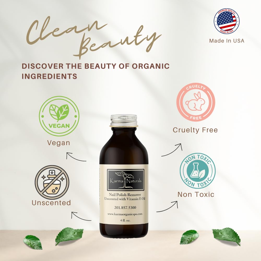 Karma Organic Nail Polish Remover Unscented- Non Toxic, Vegan, Cruelty Free, Acetone Free - Nails Strengthener For Fingernails -