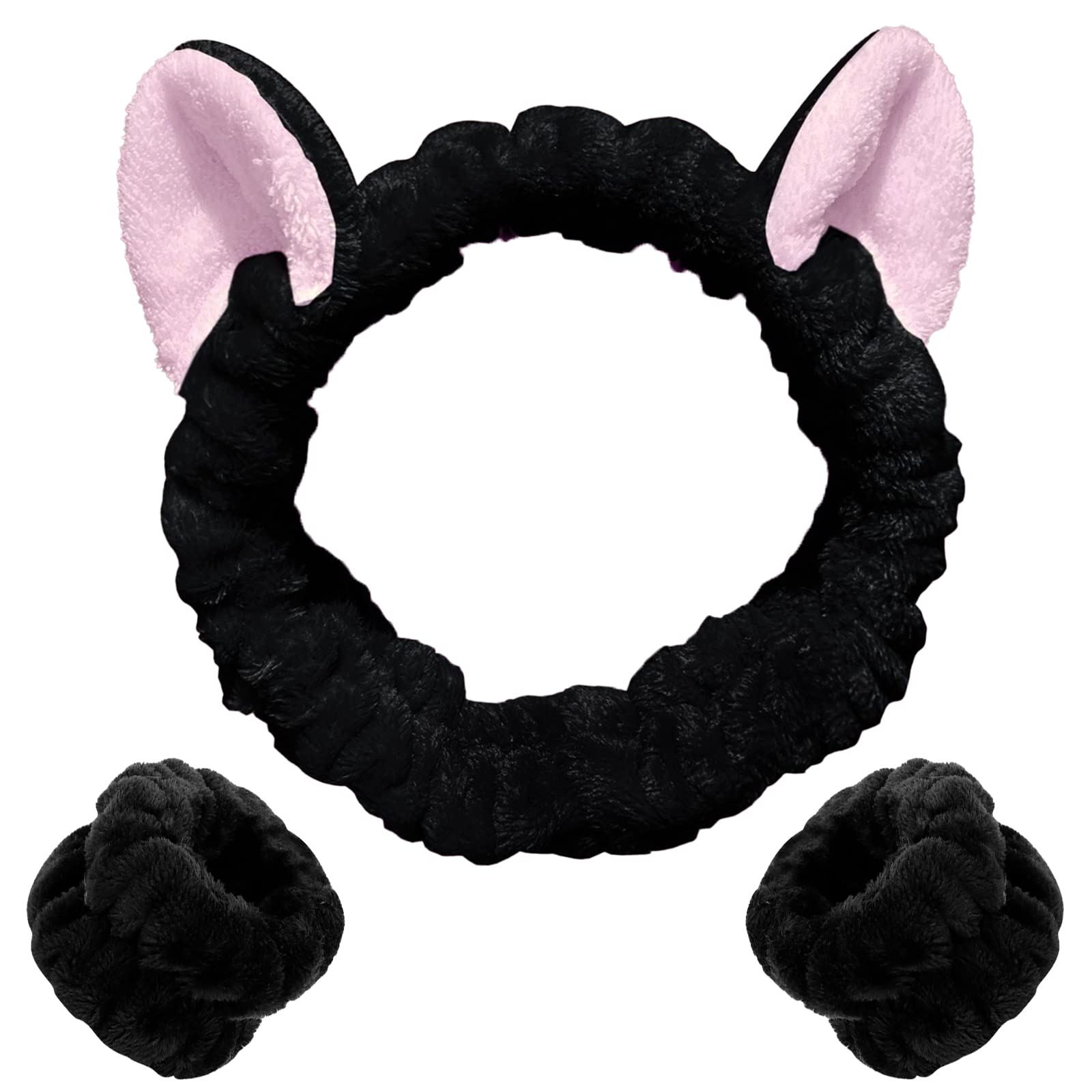 WHAVEL 3PCS Spa Headband and Wristband Set, Cute Cat Ears Headband for Washing Face Makeup Headband Face Wash Headband Wrist Ban