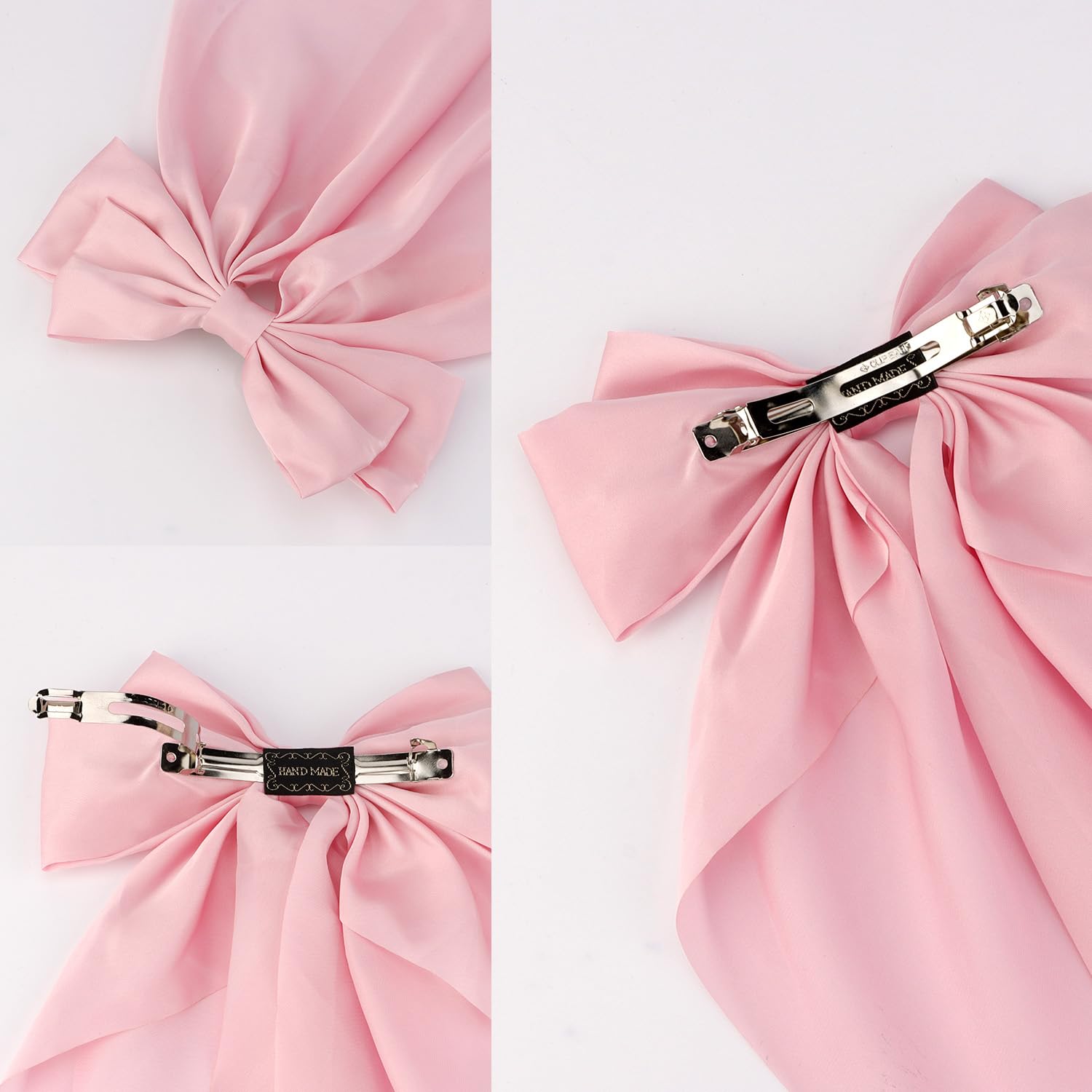Atoden Silky Satin Hair Bows Pink Beige 2Pcs Big Hair Bows Hair Ribbons Oversized Long Tail Bow Hair Clips Large Hair Ribbon Bar
