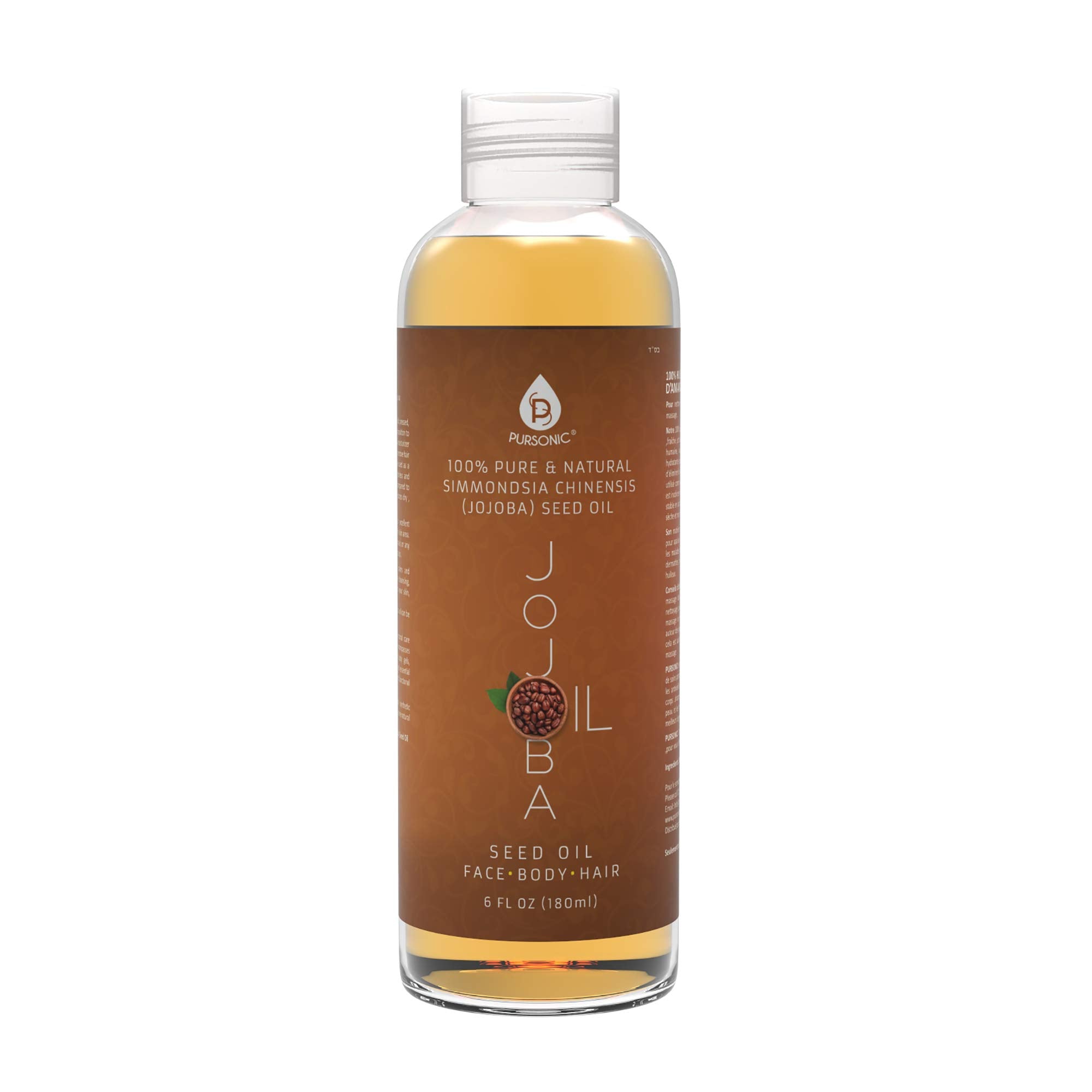 Pursonic Pursonic 100% Cold Pressed Pure Golden Jojoba Oil for Dry Skin or Damaged Hair, Natural & Unrefined - Moisturizes & Rev