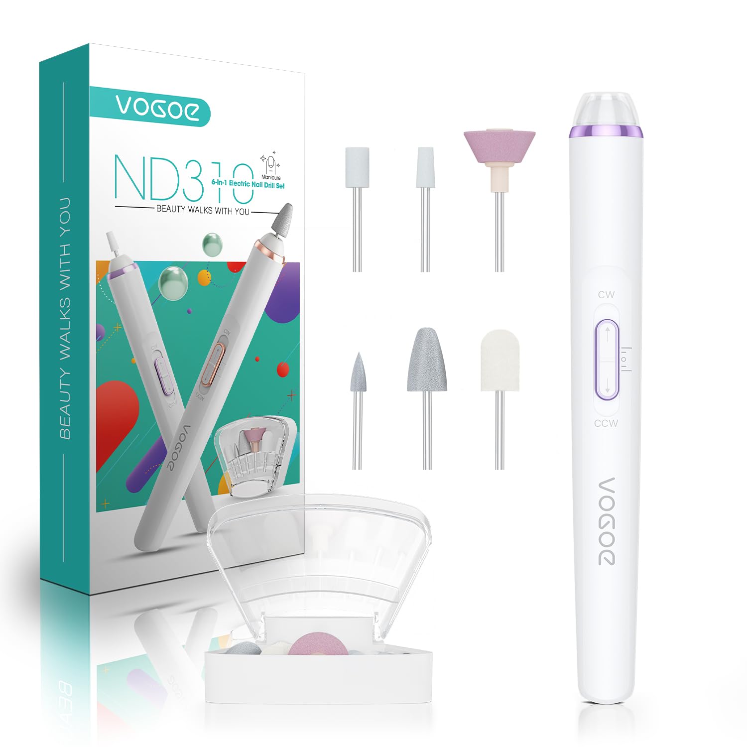 VOGOE Electric Nail Drill, Cordless Nail File Machine Kit 2 Directions & Speeds for Acrylic, Gel Nails, Rechargeable with LED & 
