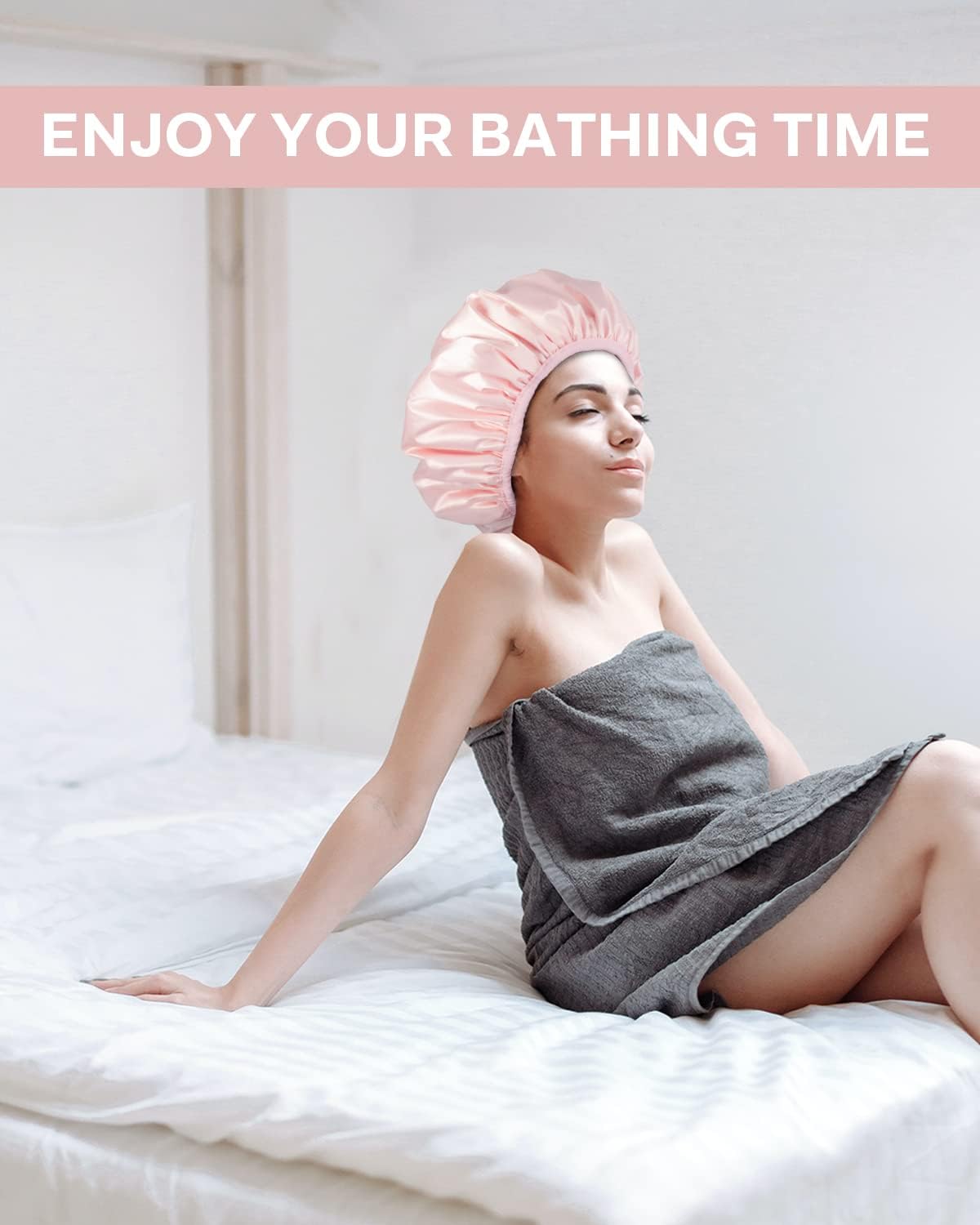 Aquior Shower Cap,Triple Layer Shower Cap For Women, Reusable Waterproof Bath Cap,Silky Satin Outer Layer Terry Lining, Extra La