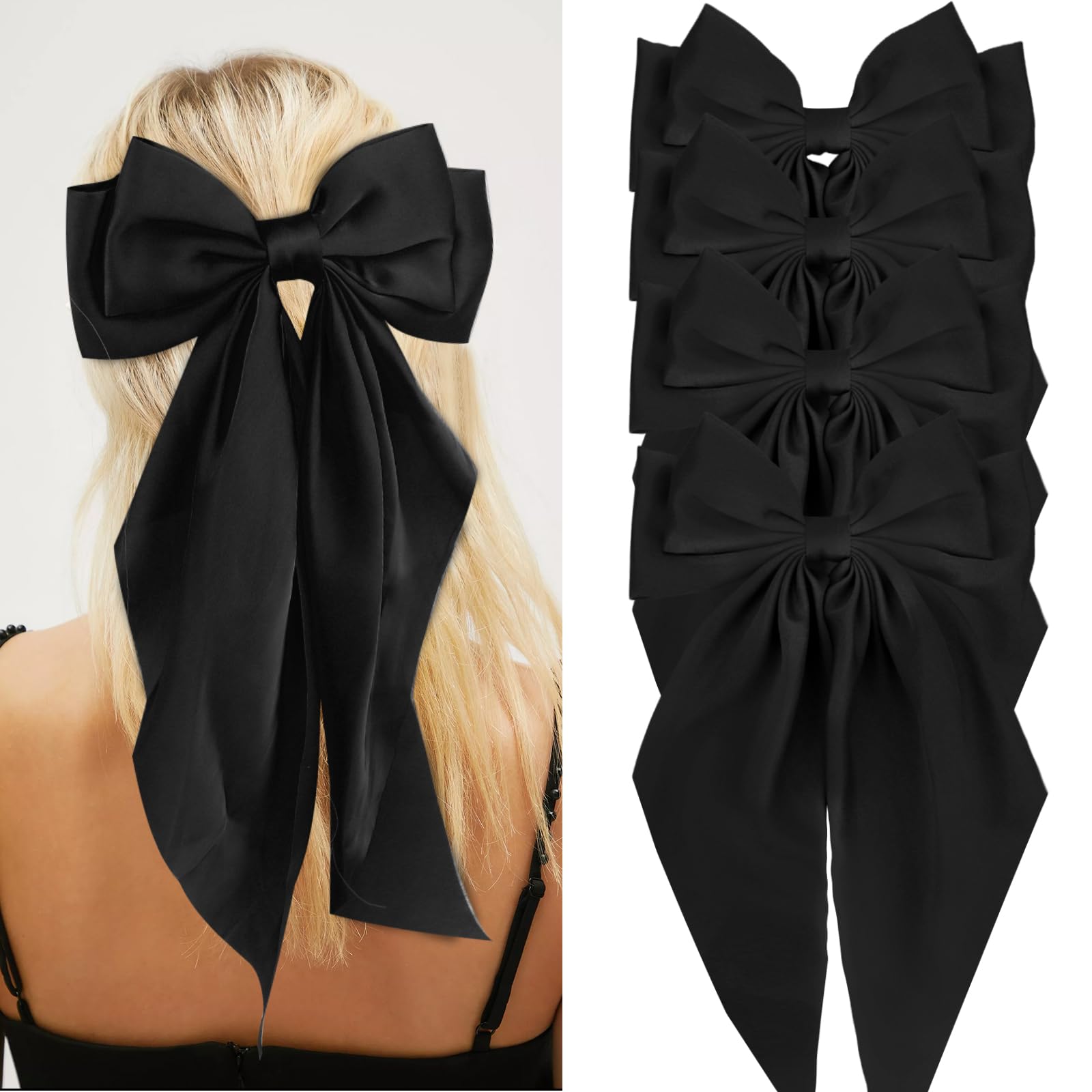 Wecoe 4pcs Black Satin Hair Accessories - Large Bows, Barrettes with Long Tails, Cute Clips for Women & Girls, Valentine's Day G