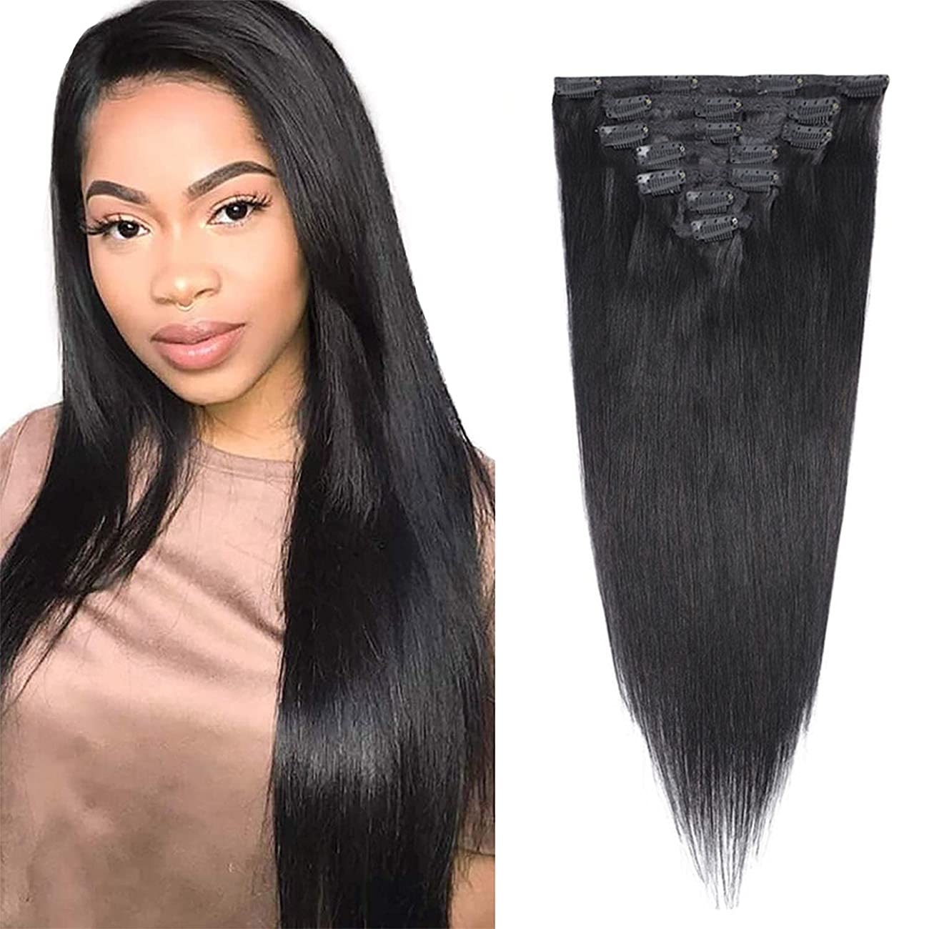 Adette 22 Inches 10A Grade Natural Black Clip in Hair Extension Human Hair for Black Women Straight Clip Ins Extension Real Remy