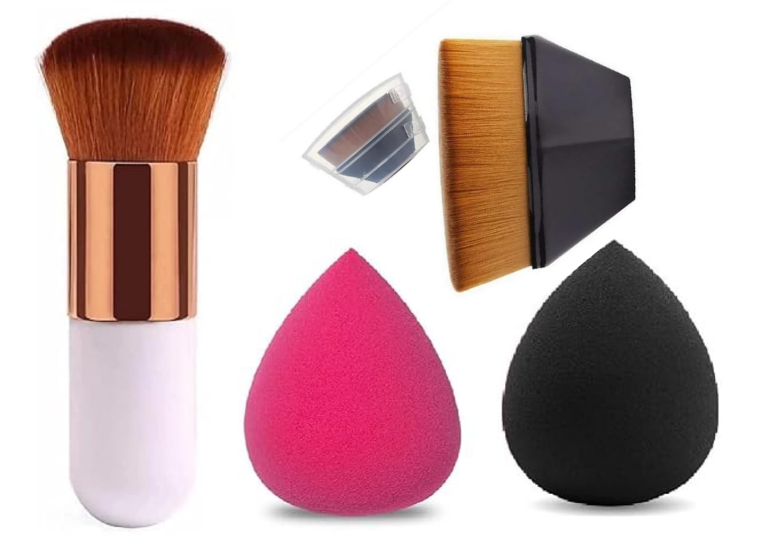 First Beauty 4In1 Makeup Brush And Sponge Set  1 Round Foundation Brush, 1 Wooden Blush Brush, 2 Makeup Sponge Blenders  Com