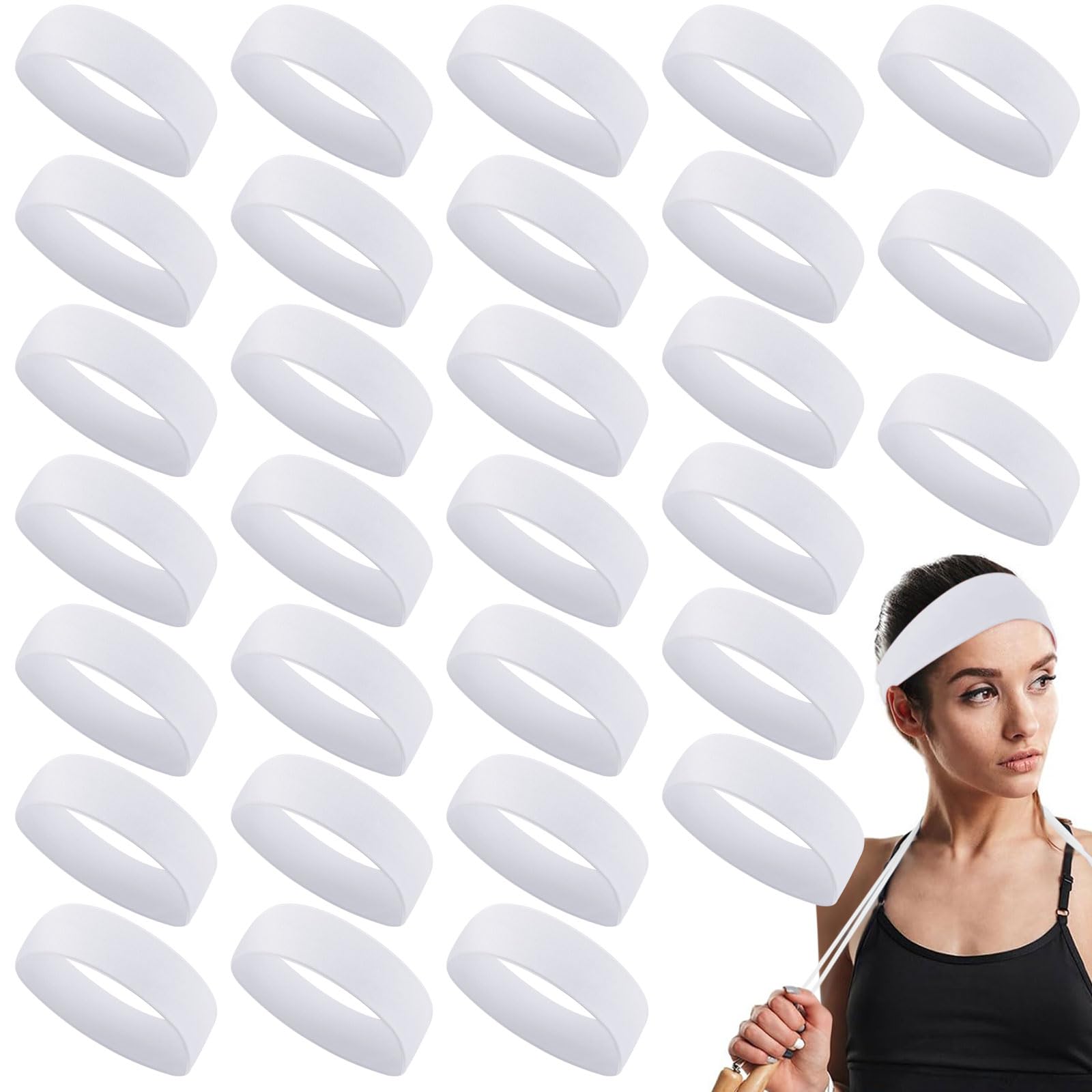 Hotop 30 Pcs Sport Headbands for Women Non Slip Stretchy Soft Fabric Elastic Sweatbands Bulk for Yoga DIY Team Gifts(White)