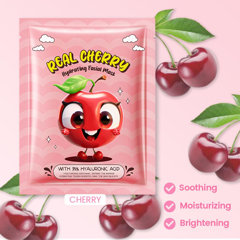 Kaely 10 Pack Cherry Face Masks For Kids, Spa Party Facial Mask Skincare Set, Sheet Masks Skin Care, Moisturize Brighten Soothe