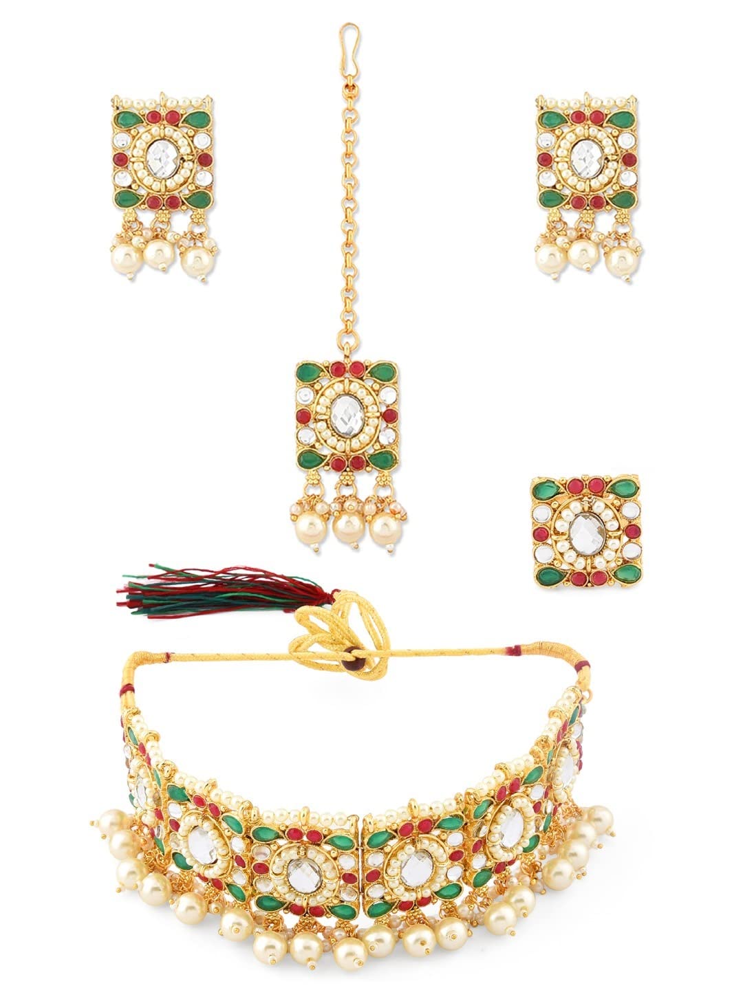 Zaveri Pearls Green & Pink Stones Ethnic Choker Necklace Earring Maangtikka & Ring Set For WomenZpfk12124