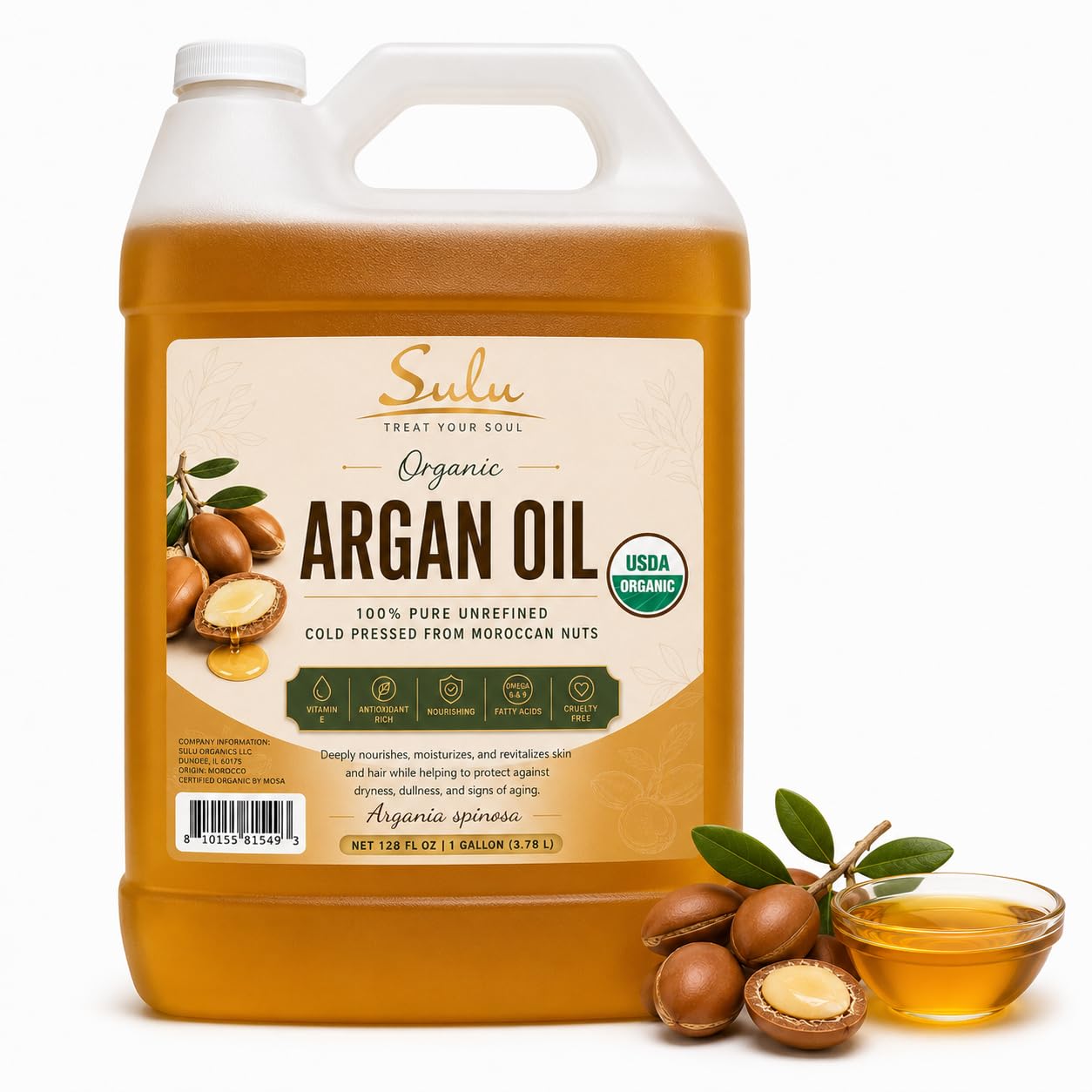 100% Pure Organic Cold Pressed Unrefined Virgin Moroccan Argan Oil 128 fl.oz/1 GallonUnroasted Moroccan Nut OilSkin CareHair 