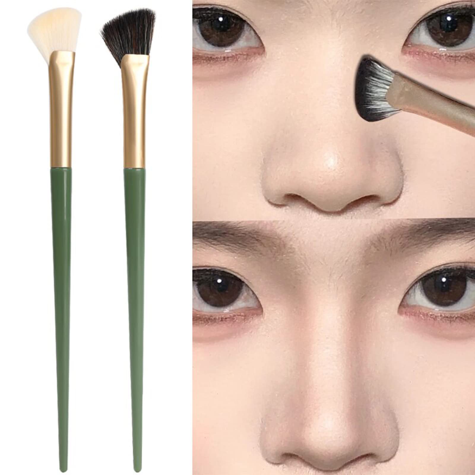 Teonei Half Fan-Shape Nose Shadow Brush,Angled Contour Makeup Brush,Professional Highlighter Blush Make Up Tools,2Pcs