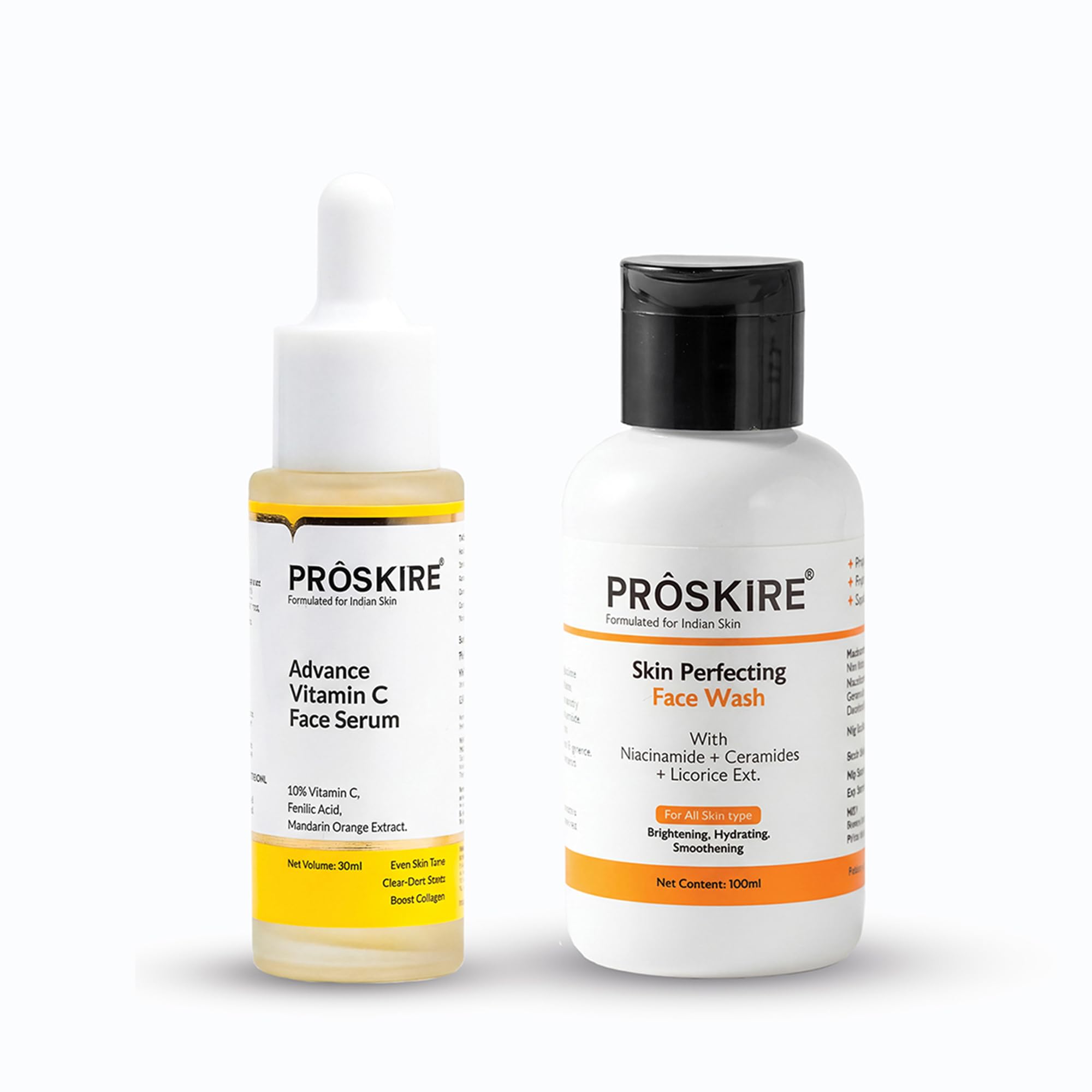 Proskire Face Wash & Vitamin C Serum Combo | Niacinamide + Ceramides For Cleanser & 10% Vitamin C Serum For Glow, Hydration & Da