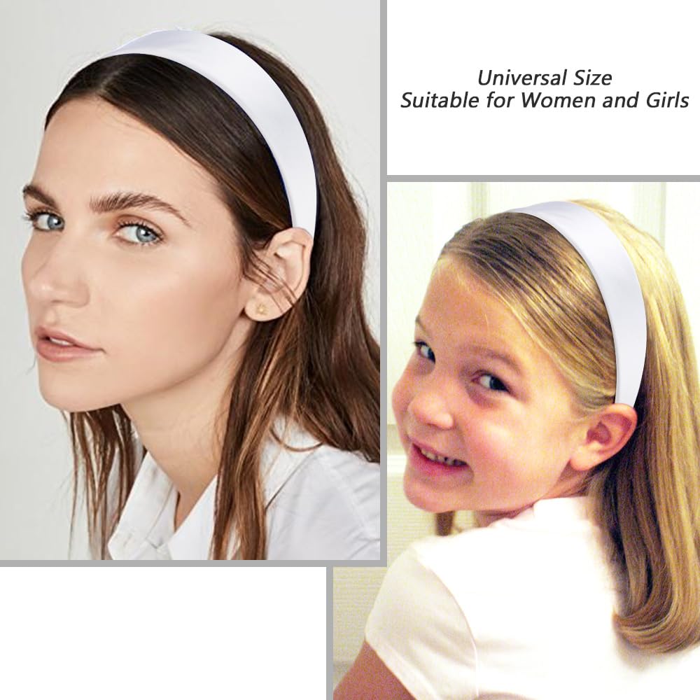 AHONEY White Headband for Women Girls Satin Silk Headband Non Slip 1.57  Wide Plain Head Band Solid Hair Band DIY Halloween Holi
