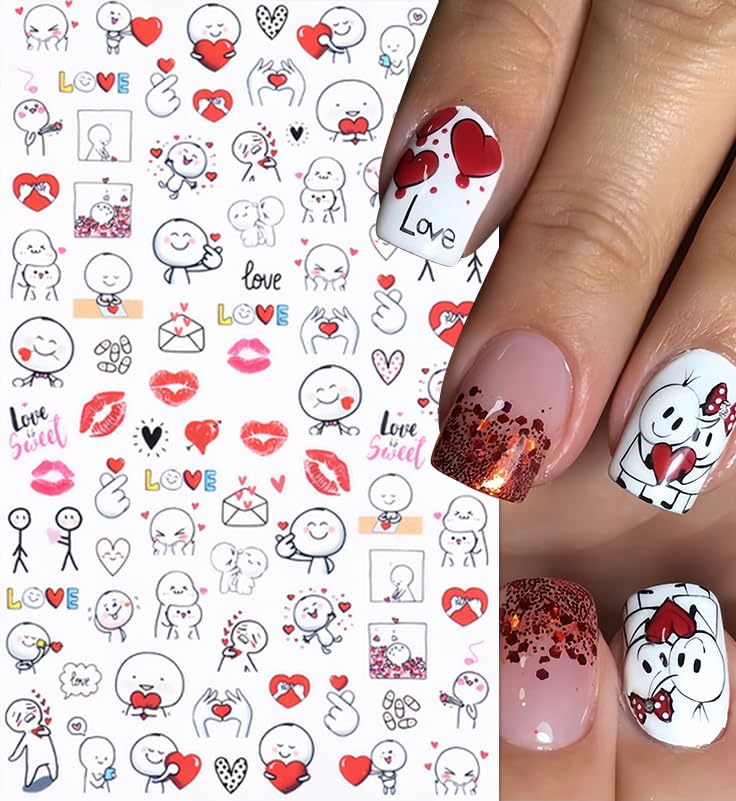 8Pcs Love Heart Nail Art Stickers Valentine'S Day 3D Self-Adhesive Nail Decals Sexy Lips Nail Supplies With Rose Bears Valentine
