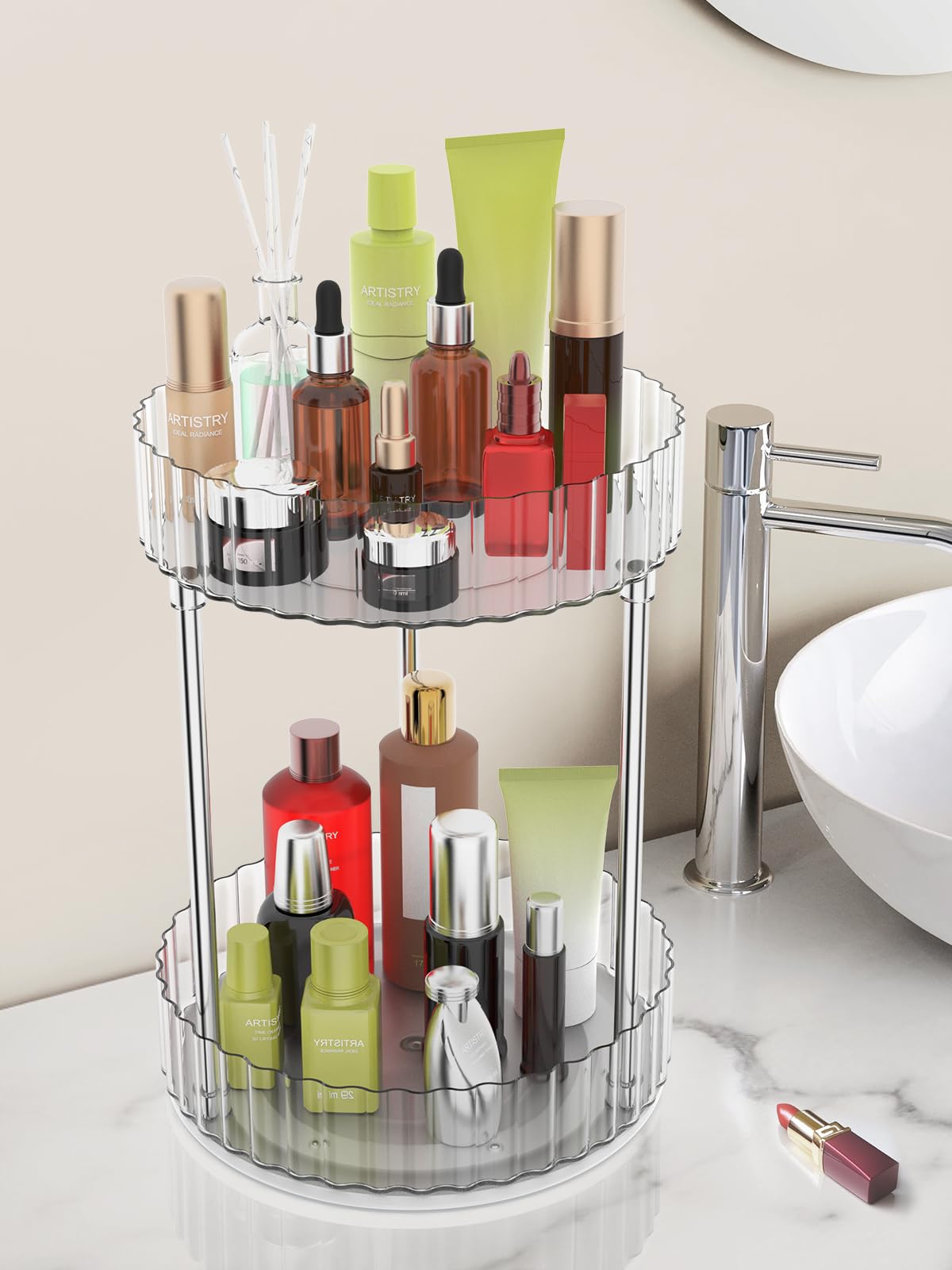 Wnyt Makeup Organizer,360 Rotating Makeup Organizer, 2-Tier Round Rotating Skincare Organizer Countertop,Fits Bedroom, Bathroom,