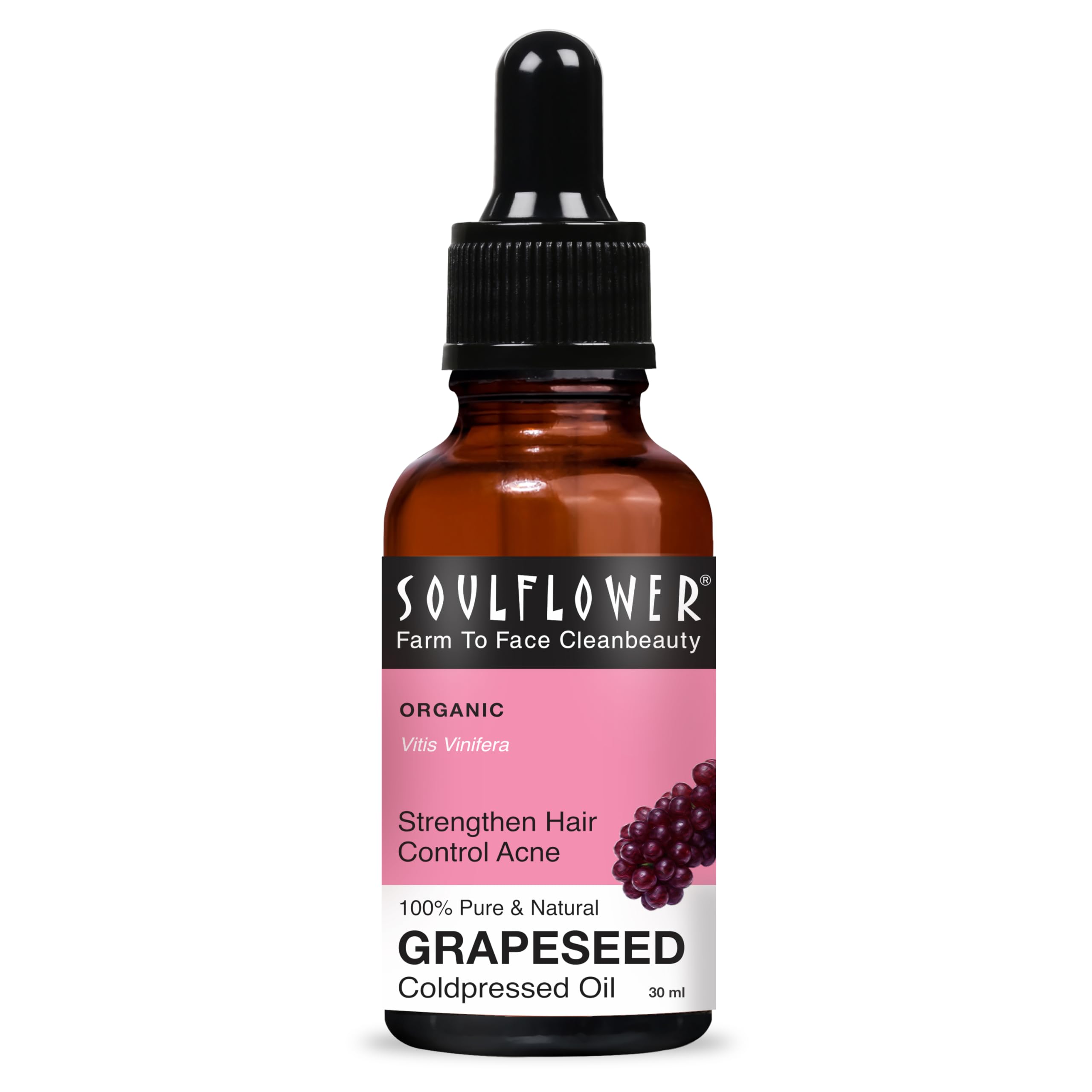 Soulflower Grapeseed Oil For Hair Growth, Acne, Pimple, Face Massage, Glowing, Radiant Skin 100% Pure, Natural & Cold Pressed Ec
