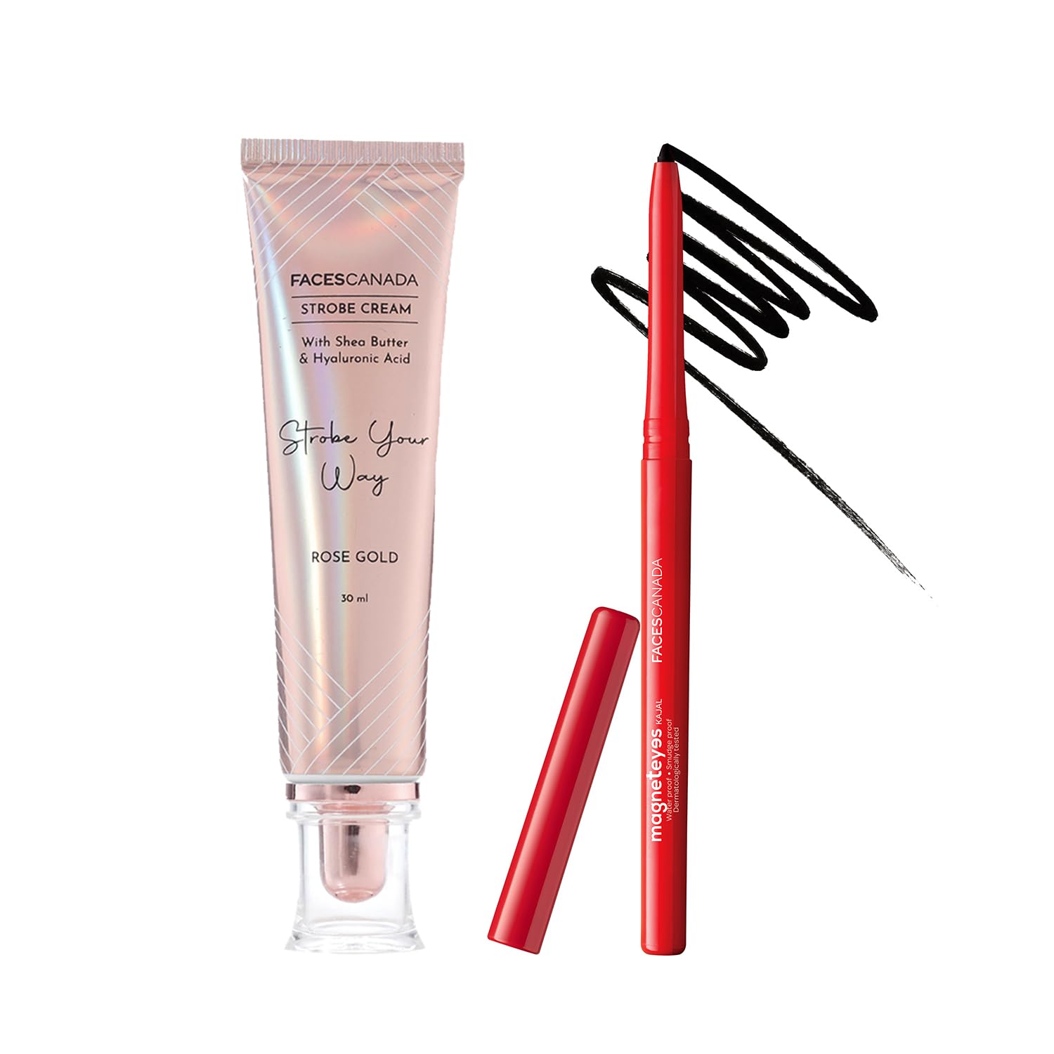 Facescanada Face & Eyes Duo| Strobe Cream  Rose Gold (30 Ml) & Magneteyes Kajal  Black (0.35 Gm) | Highlighter Glow | Waterpro