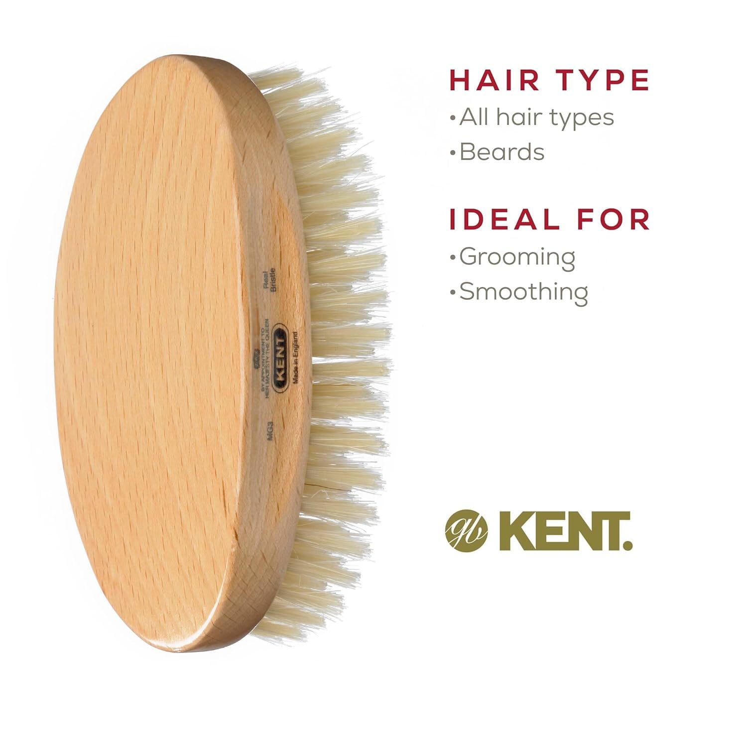 Kent MG3 Finest Men's Hair Brush & Beard Brush for Skin Care, Natural White Boar Bristle Brush for Mens Grooming, Scalp Brush, 3
