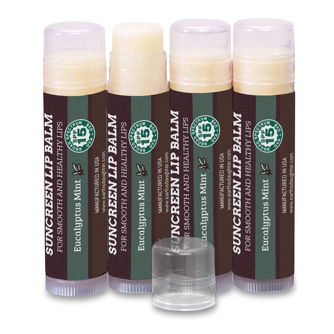 Spf Lip Balm 4-Pack By Earth'S Daughter - Lip Sunscreen, Spf 15, Organic Ingredients, Eucalyptus Mint Flavor, Beeswax, Coconut O