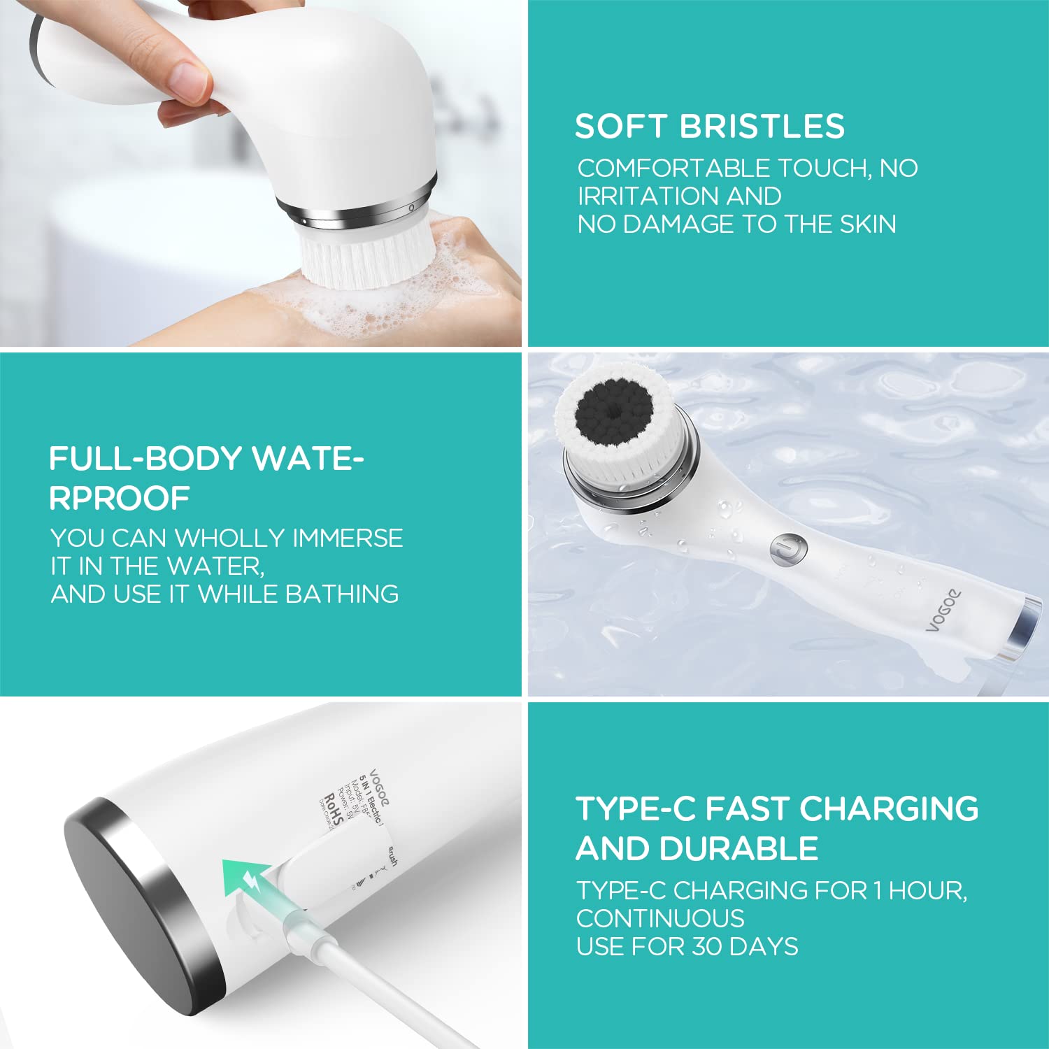 Vogoe Facial Cleansing Brush Rechargeable, Spin Face Wash Brush Ipx7 Waterproof Electric Face Scrubber Exfoliator, 3 Speeds & 5