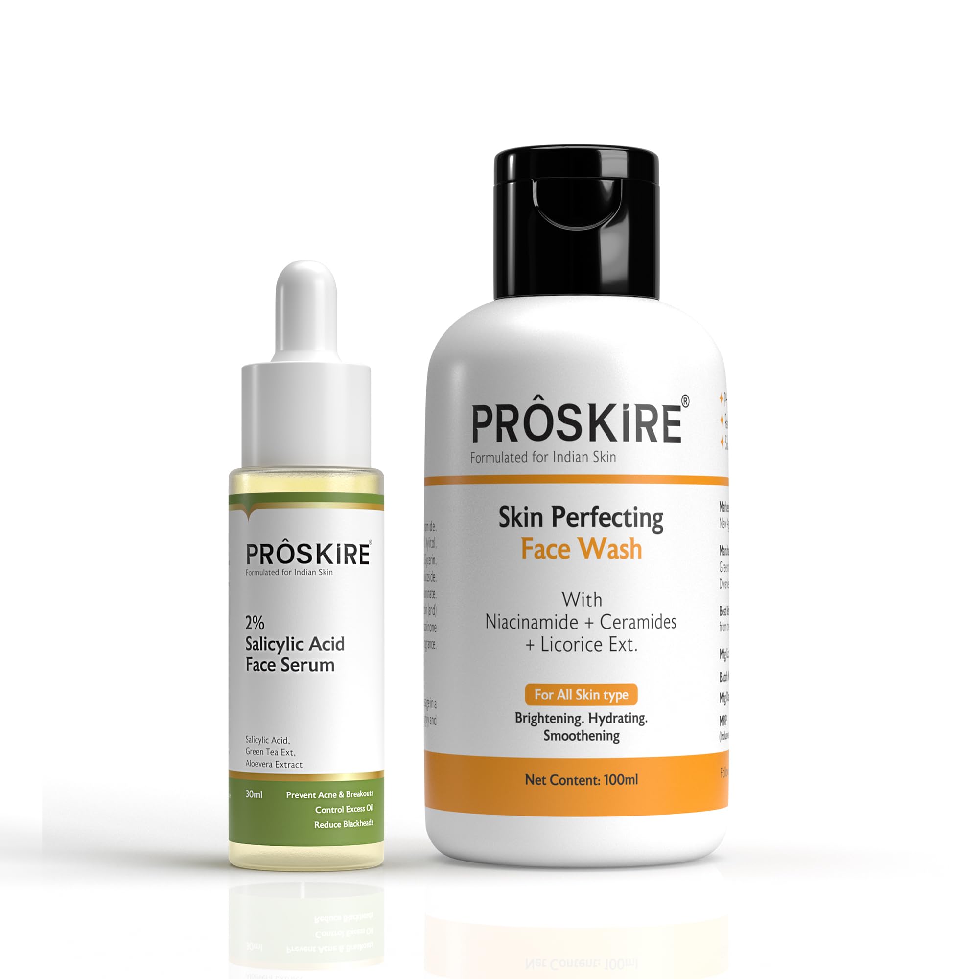 Proskire 2% Salicylic Acid Acne Control Combo Kit  Face Serum 30Ml + Skin Perfecting Face Wash 100Ml | For Pimples, Blackheads,