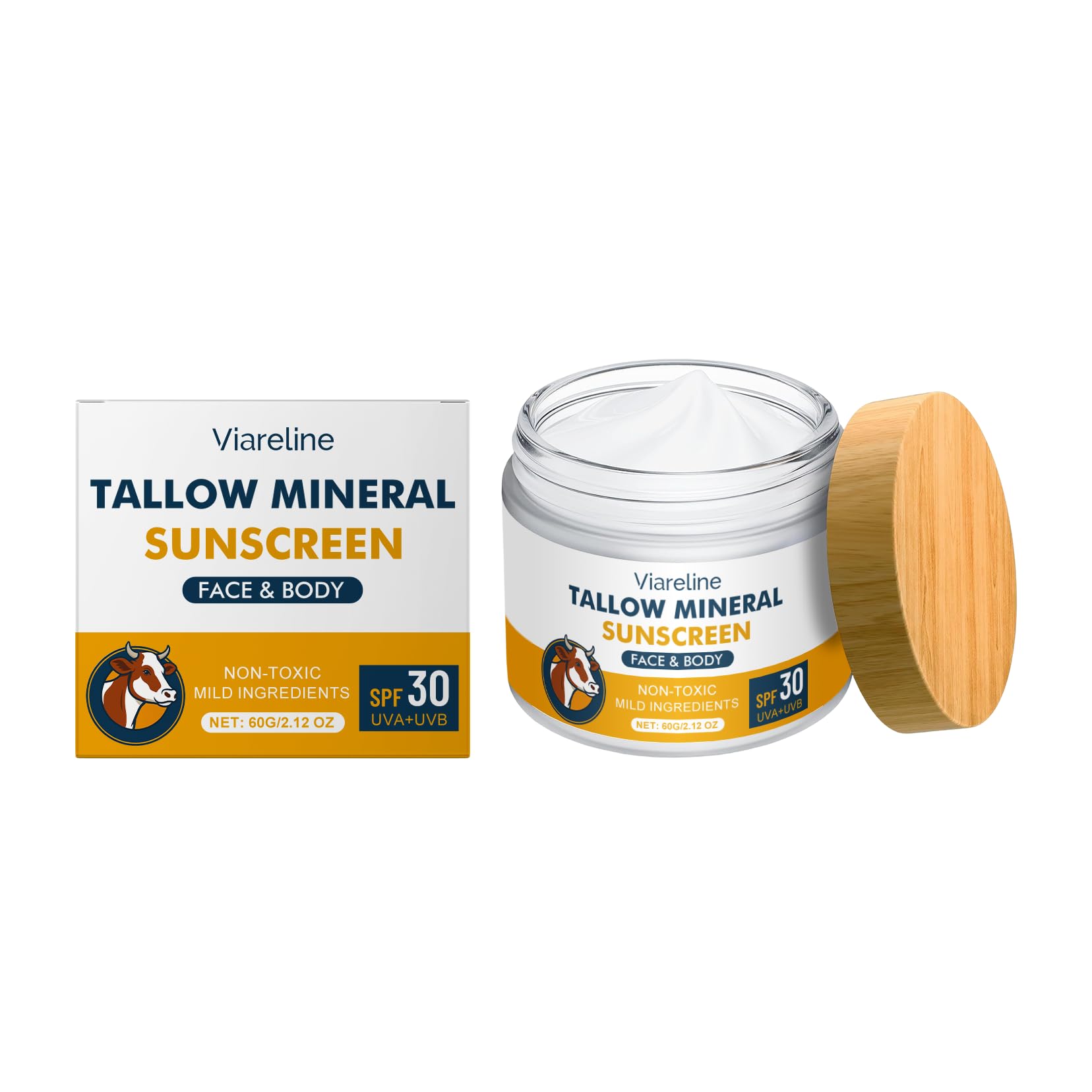 Viareline Tallow Mineral Sunscreen for Face & Body, SPF 30, BroadSpectrum UVA+UVB Protection, Waterproof, NonToxic, 2.12 oz