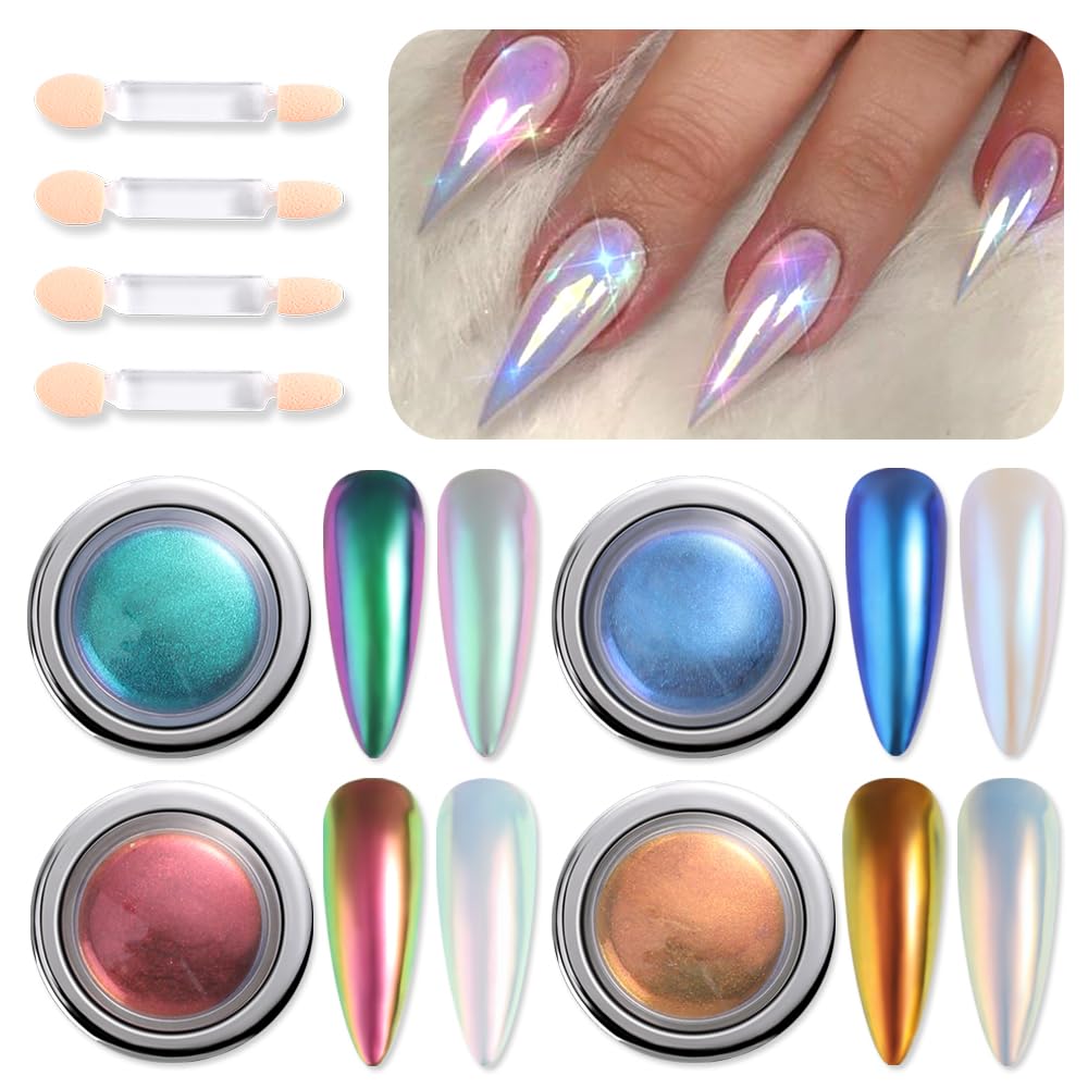 4 Colors Chameleon Chrome Nail Powder Kit, Metallic Mirror Effect Nail Glitter Aurora Iridescent Pearlescent Mermaid Pigment Dus