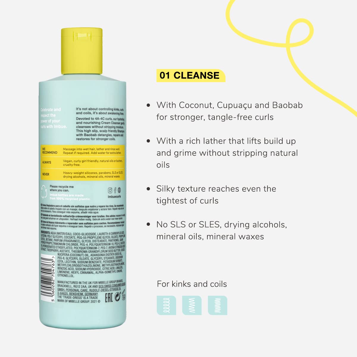 Imbue Coil Awakening Sulphate Free Cream Cleanser Shampoo - Curl Enhancing for 4A-4C Hair - Add Moisture and Hydrate - Curly Gir