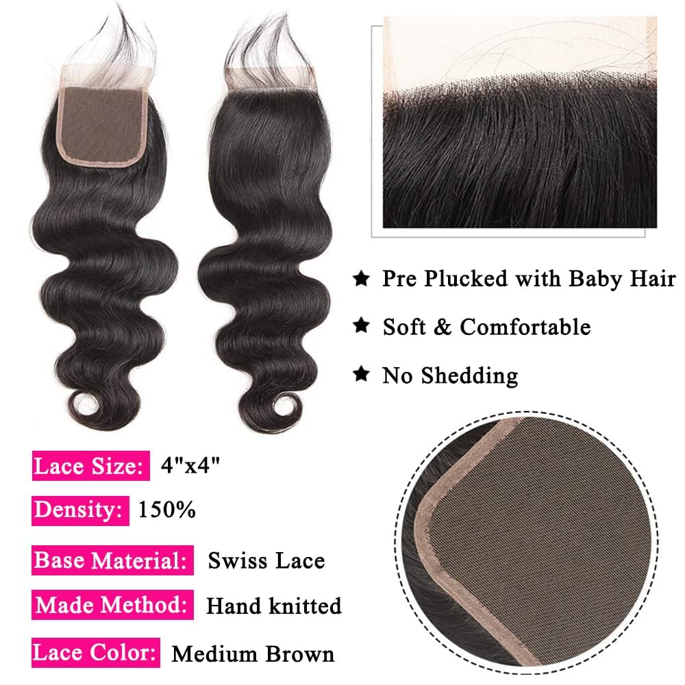 10A Brazilian Body Wave Bundles With Closure Human Hair (16 18 20+14 Inch) 100% Unprocessed Weave 3 Bundles Human Hair With 4X4