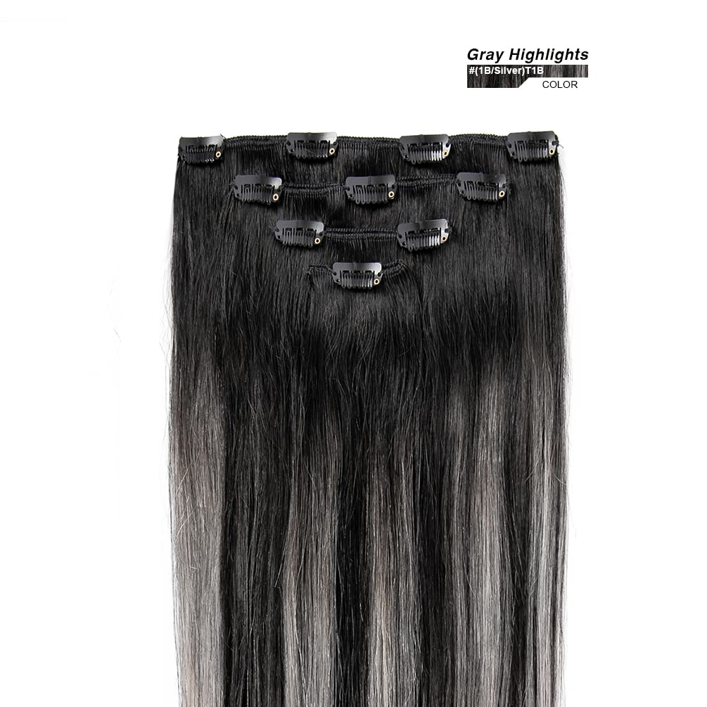 16'' Clip In Hair Extensions Remy Human Hair Black Balayage Silver For Women - Silky Straight 100% Real Human Hair 55Grams 4Piec