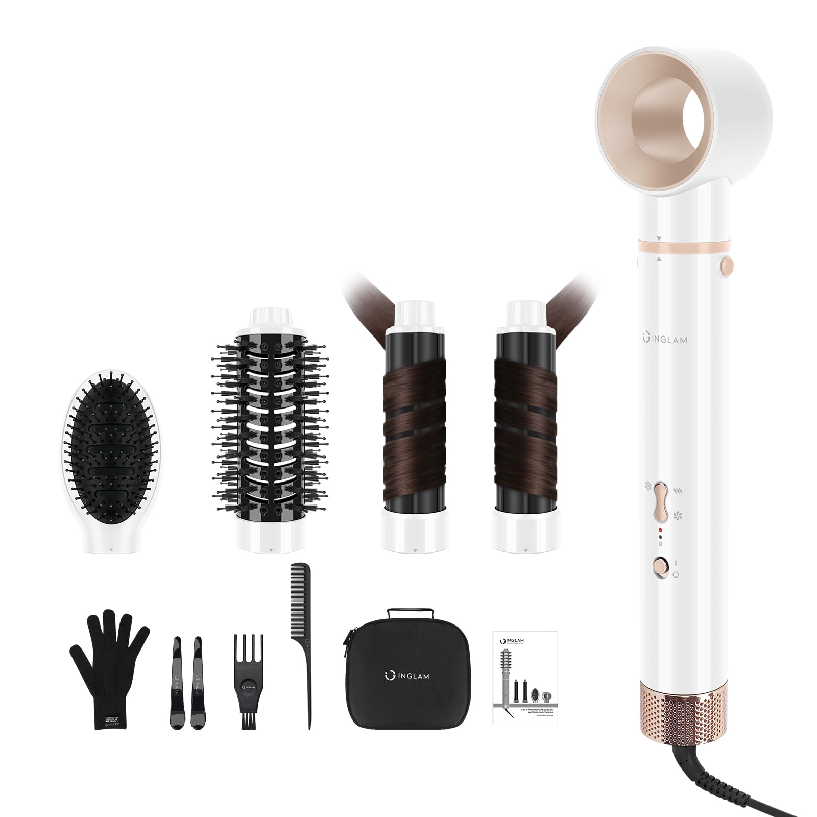 5 in 1 Blow Dryer Brush IG INGLAM MegaAir Hair Styler Brushless Hair Dryer Brush Left/Right Air AutoWrap Curler Hot Air Brush N