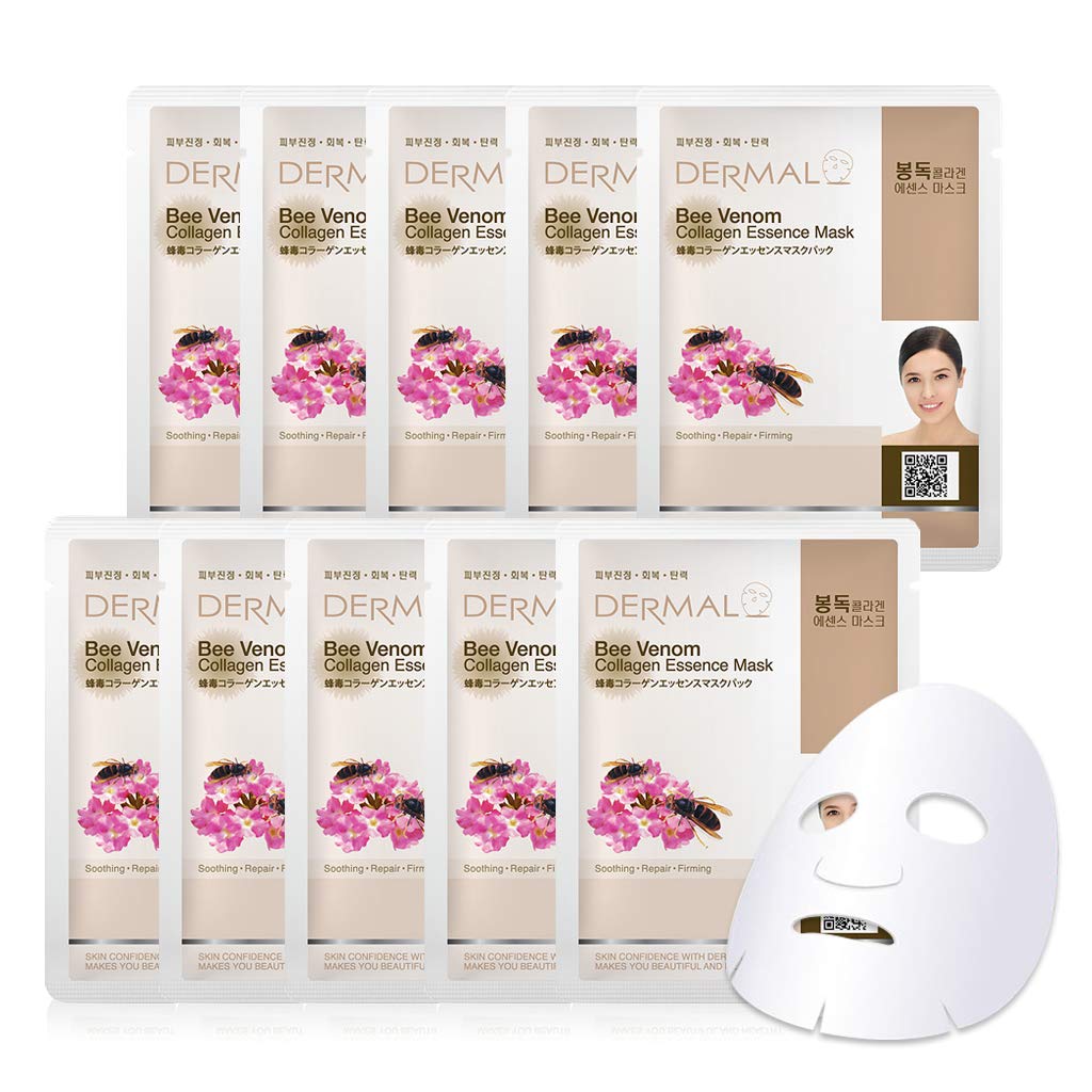 Dermal Bee Venom Collagen Essence Korean Facial Mask Sheet Pack Of 10 - Soothing And Hydrating Irritated Skin - Hypoallergenic S