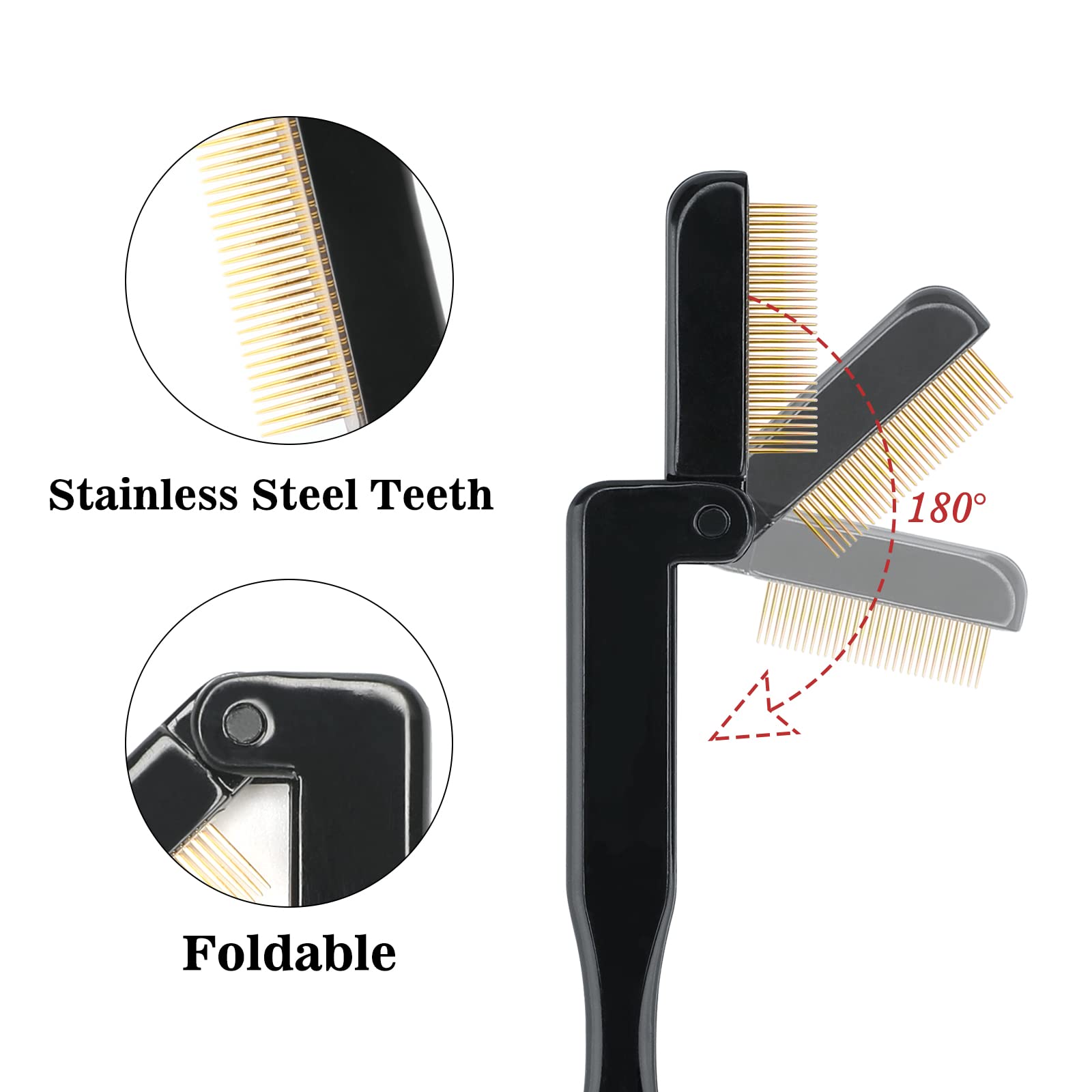 G2Plus 2Pcs Folding Eyelash Comb, Eyebrow Comb Metal Teeth, Professional Tool For Define Lash & Brow (Black)