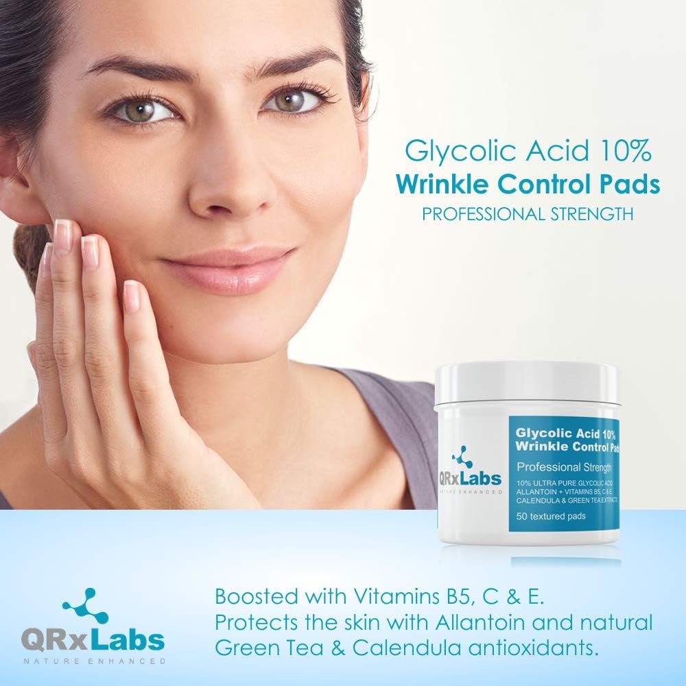 Glycolic Acid 10% Wrinkle Control Pads For Face & Body - 10% Ultra Pure Glycolic Acid, Allantoin, Vitamins B5, C & E, Calendula
