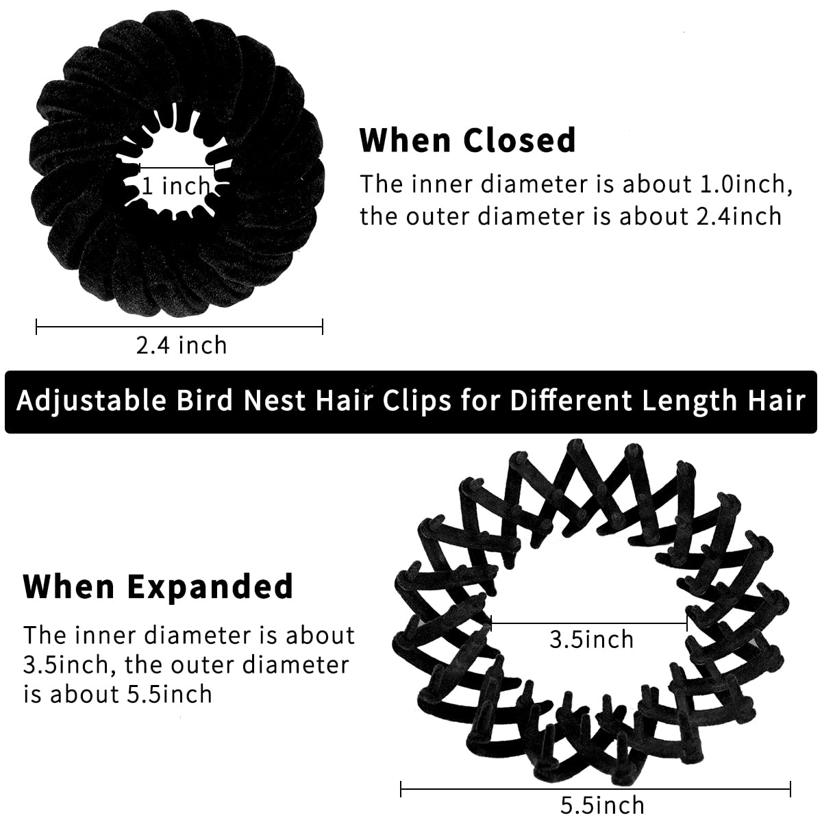 Tobatoba Black Bird Nest Magic Hair Clip, 7Pcs Lazy Bird'S Nest Plate Hairpin, Expandable Ponytail Holder, Velvet Hair Clips, Ha