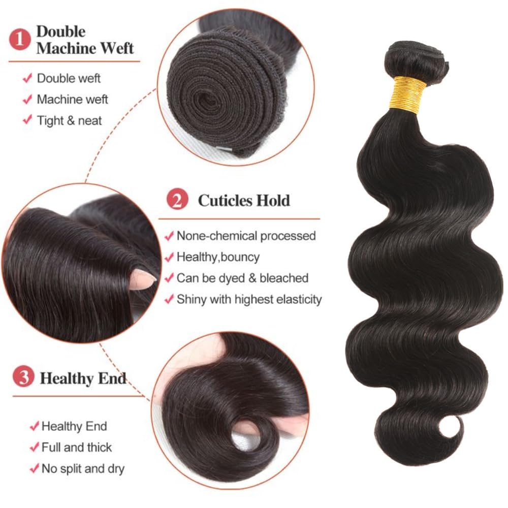 Huarisi 10A Brazilian Body Wave Bundles 12-14 Inch Human Hair, 100% Unprocessed Virgin, 2 Bundles, Natural Black, Wavy, Sew-In,