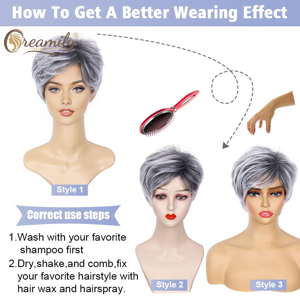 Creamily Short Grey Wig with Bangs - Natural Fluffy Synthetic Hair for Women, Gray Hair Replacement, Ideal for Over 60