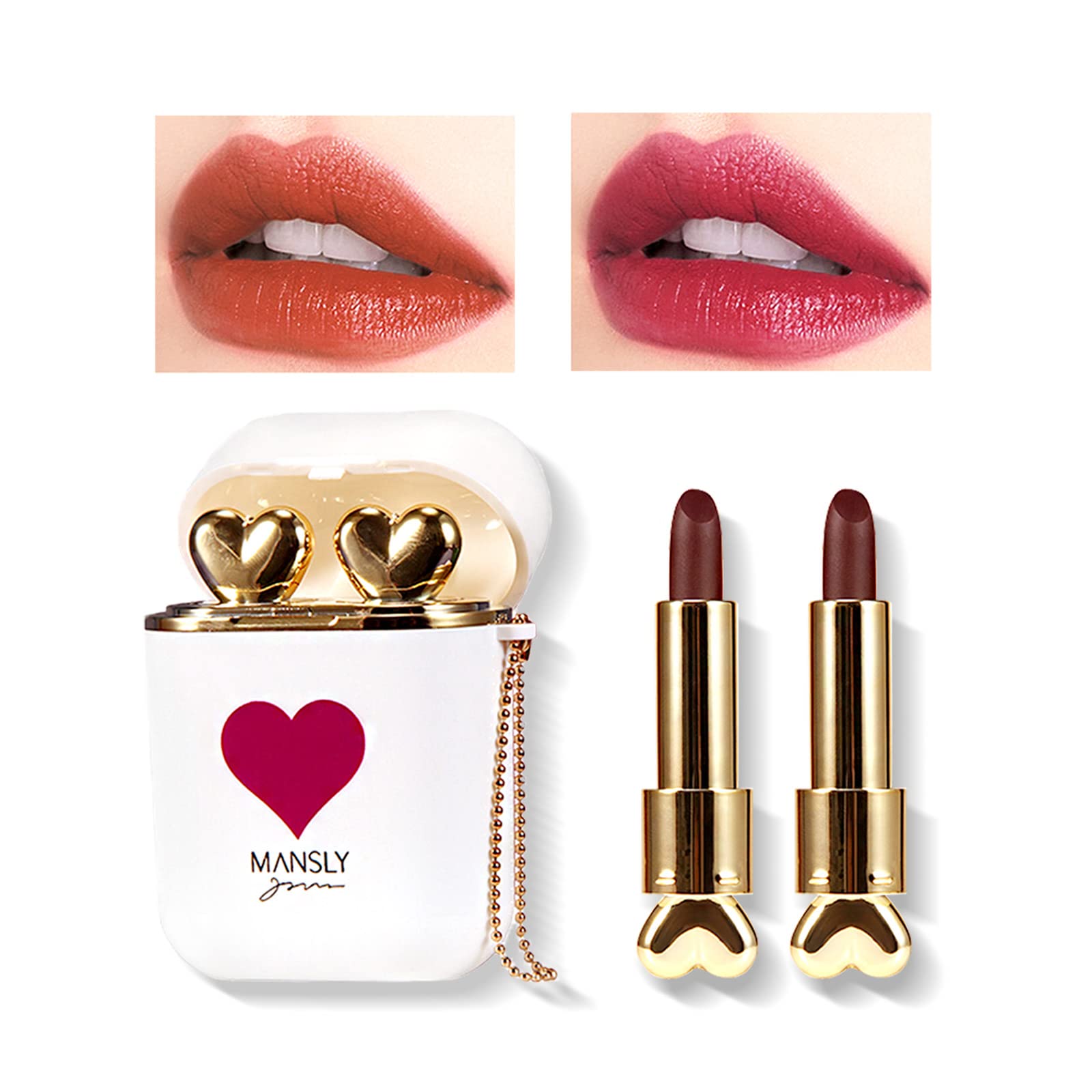 Lamuseland Matte Lipstick, 2Pc/Set Waterproof Long Lasting Moisturizing Lip Stain Earphone Dual-Color Lip Gloss Primer, Non-Stic