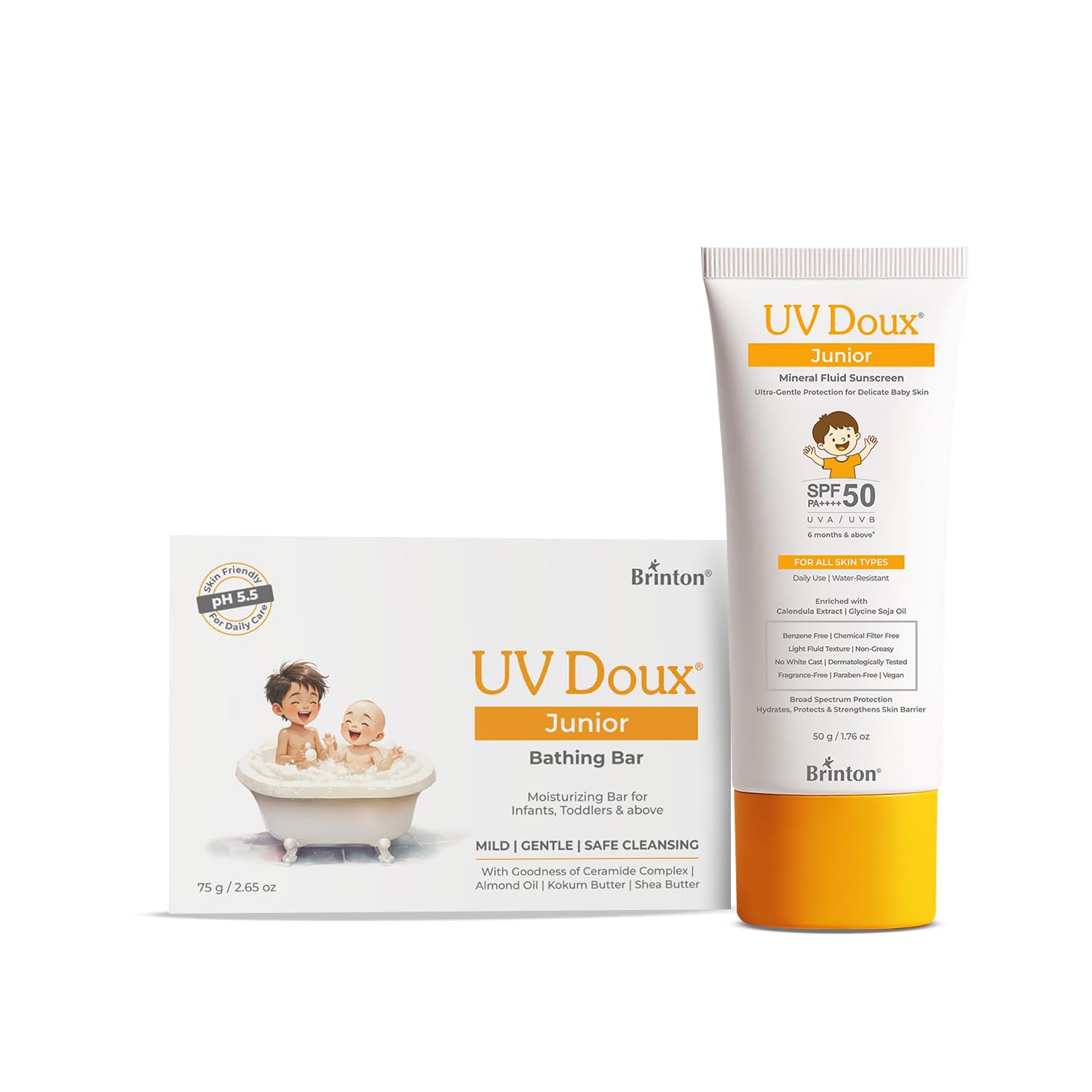 UV Doux Junior Skin Essentials Combo  SPF 50 Mineral Sunscreen (50g) & pH 5.5 Moisturizing Bathing Bar (75g) | 100% Zinc Oxide 