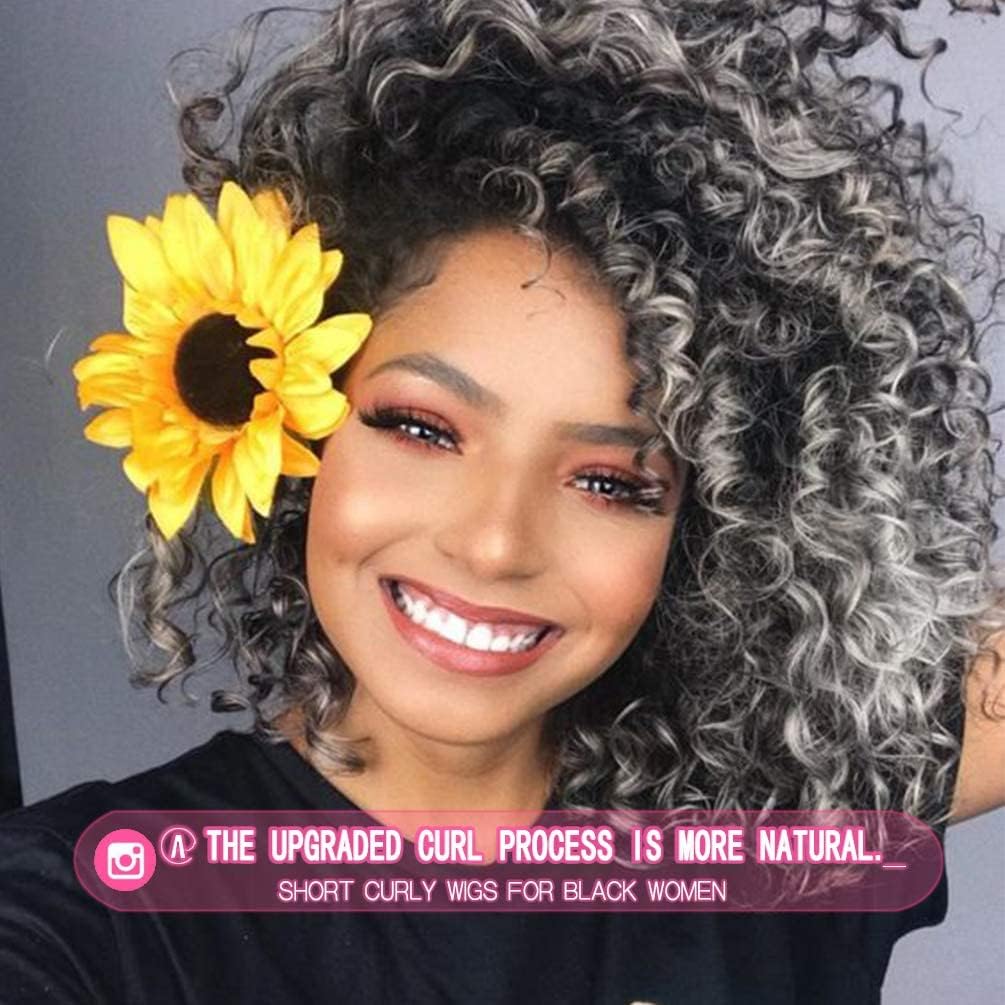 Rosmile Curly Wigs For Black Women - Ombre Gray Synthetic African American Full Kinky Curly Afro Hair Wig With Bangs