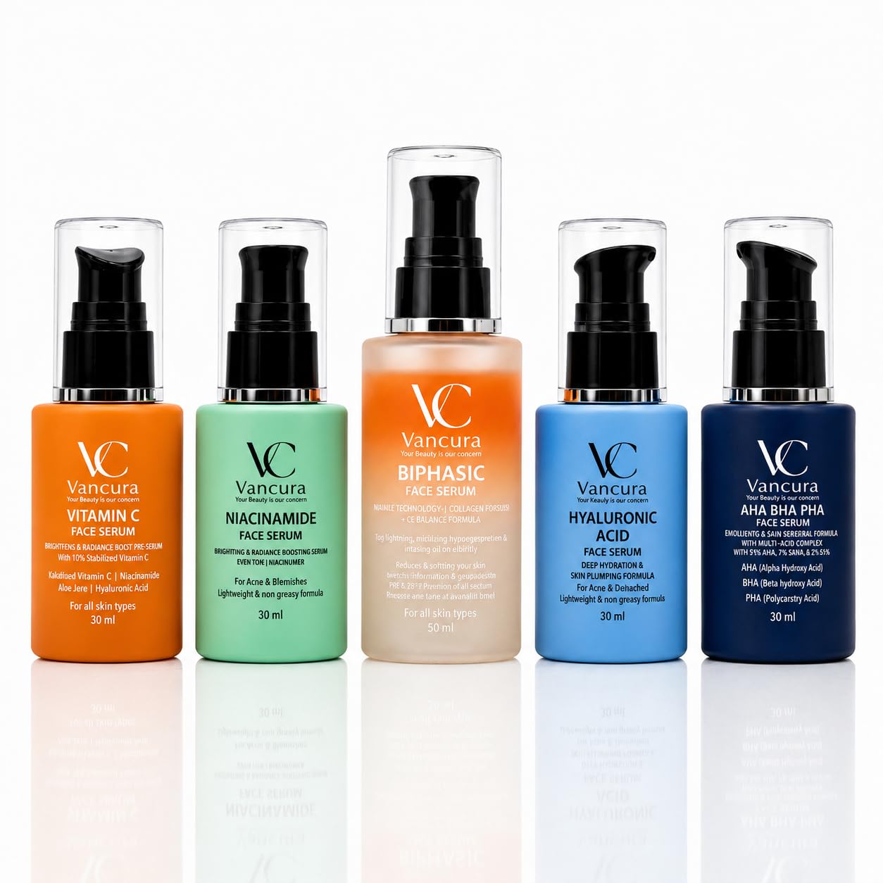 Vancura 5 Face Serum Combo Pack | Vitamin C, Niacinamide, Hyaluronic Acid, Aha Bha Pha & Biphasic Face Serums | Complete Daily S