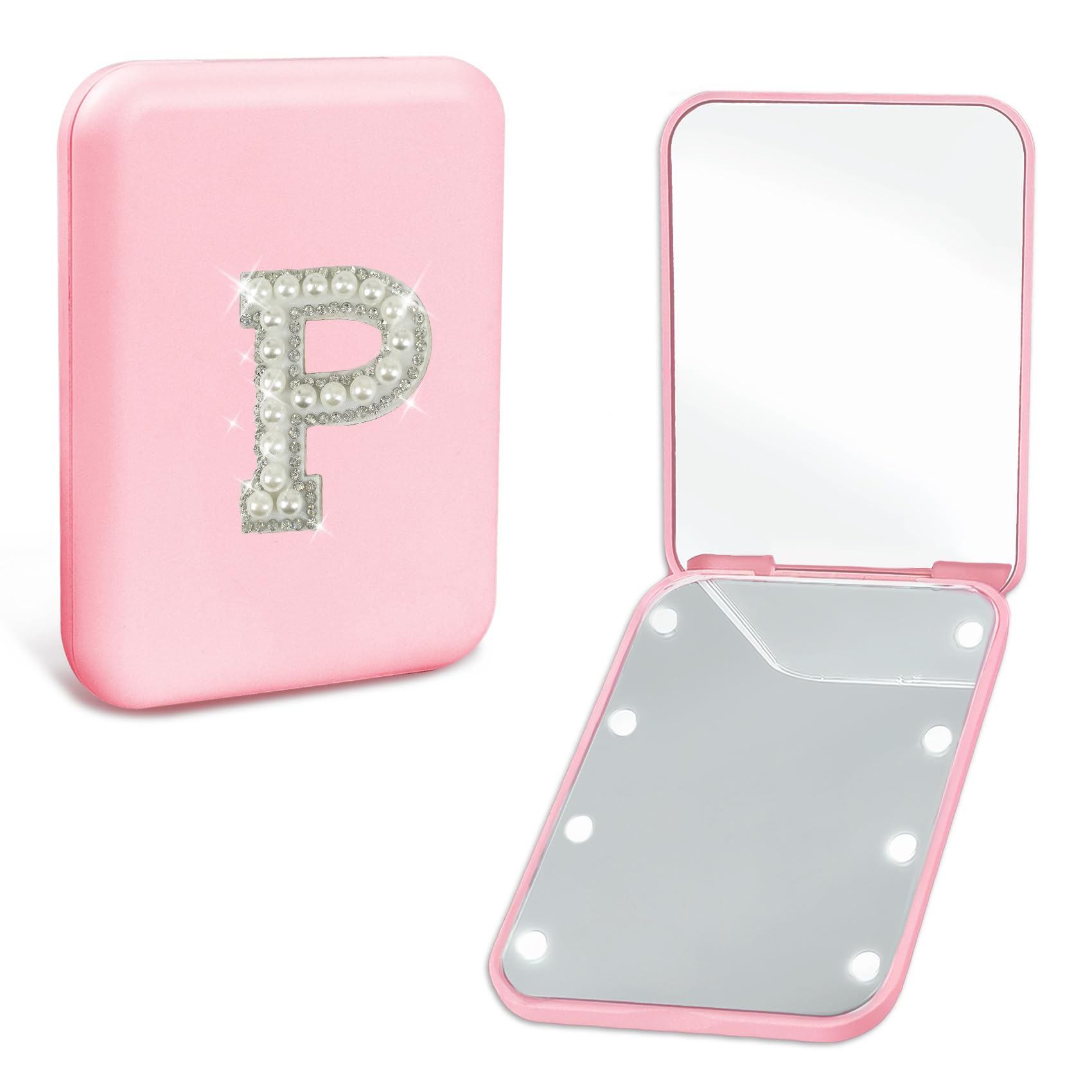 Aganmi Pearl Initial Travel Compact Mirror With Lights Personalized 1X/2X Magnification Mini Led Makeup Mirror For Purse, Pink 2