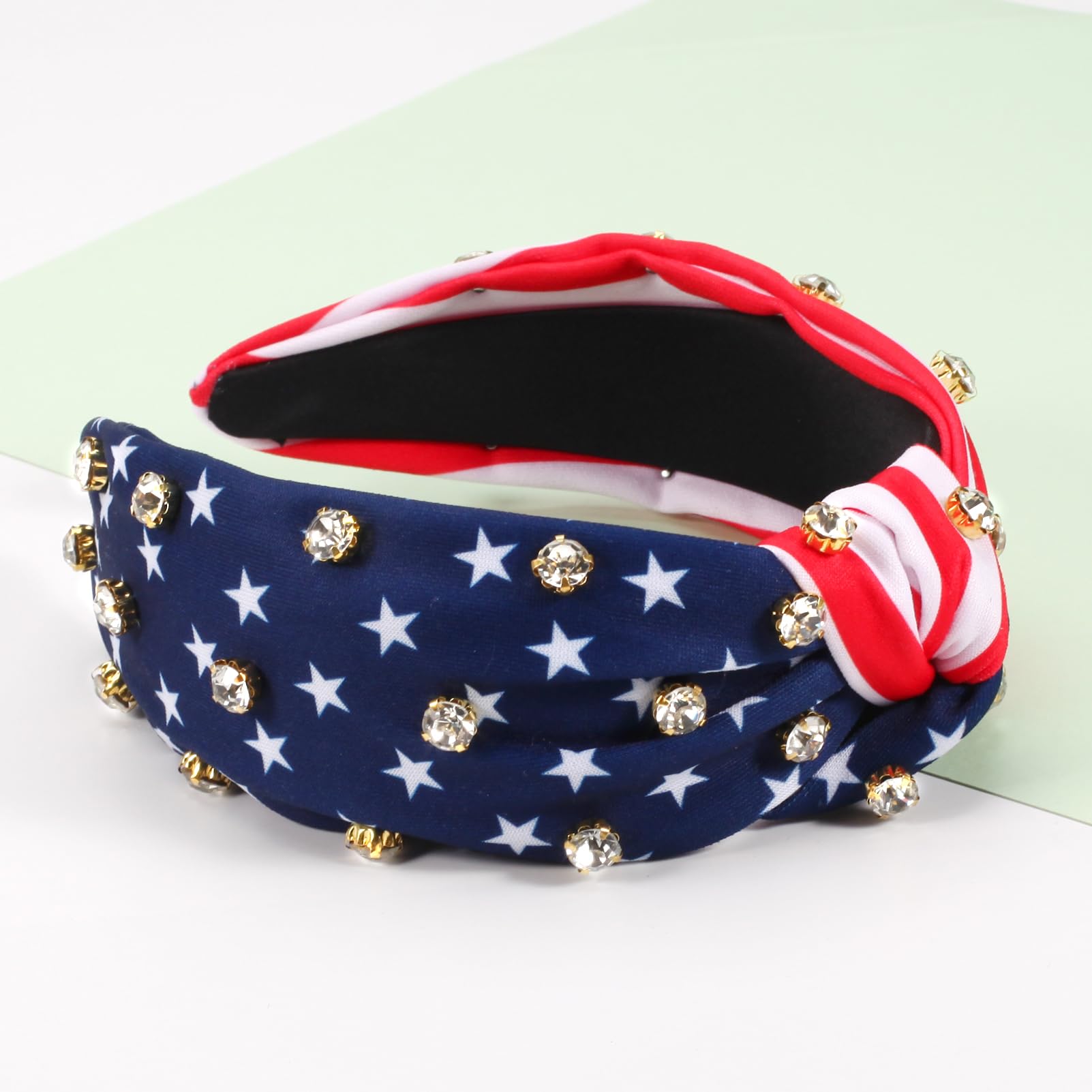 4 th of July Headbands for Women Girls American Flag Wide Knottted Headband USA Red White and Blue Rhinestone Patriotic Headband