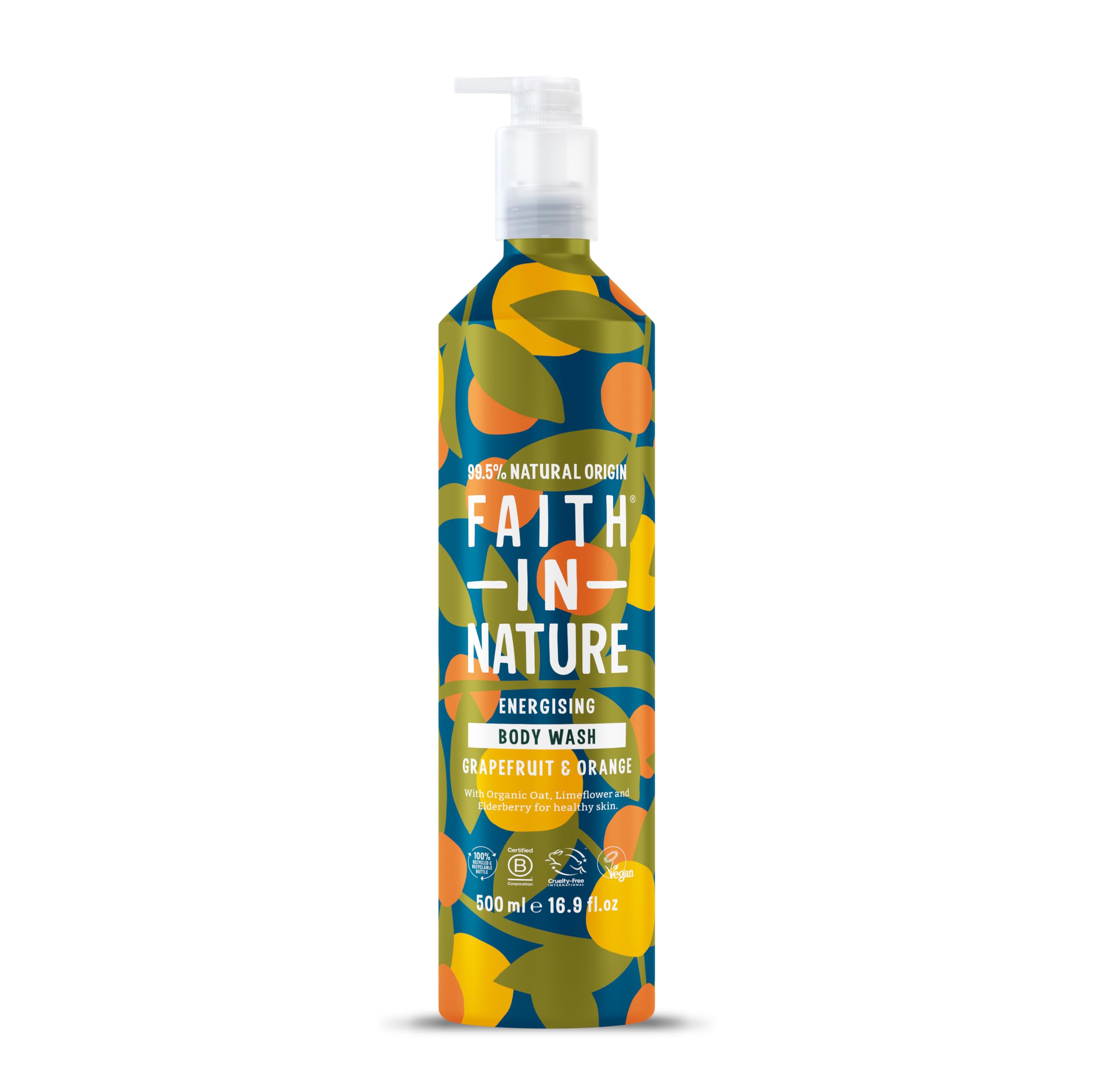 FAITH IN NATURE Natural Aluminium Bottle Body Wash - Vegan & Cruelty Free, No SLS or Parabens - 16.9 fl oz, Grapefruit & Orange