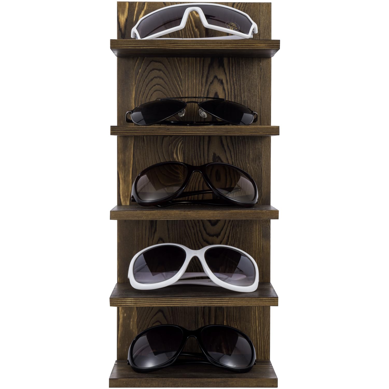 MyGift 5 Tier Rustic Burnt Solid Wood Sunglasses Holder Rack, Wall Mounted Eye Glasses Shelf or Tabletop Display Stand, Retail E