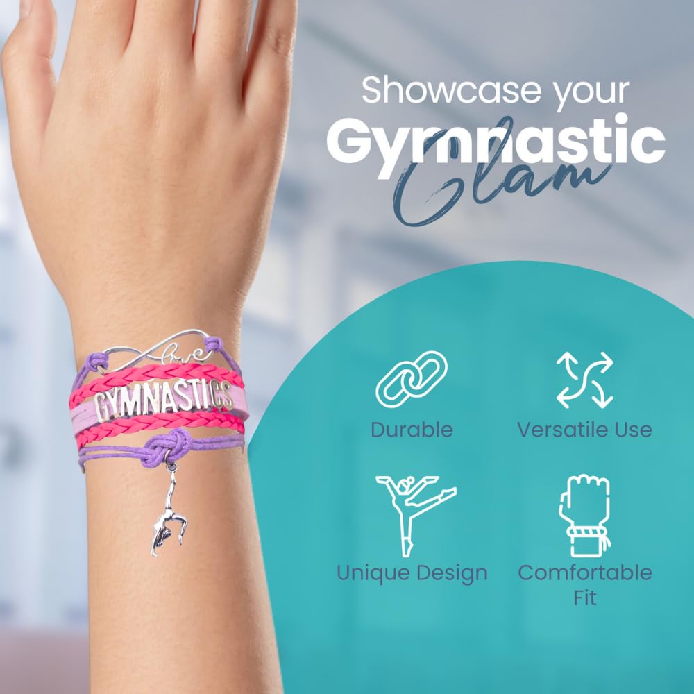 SportyBella Gymnastics Bracelets - Adjustable Charm Bracelet with Infinity Symbol & Silver Gymnastic Charm. Gymnastics Friendshi