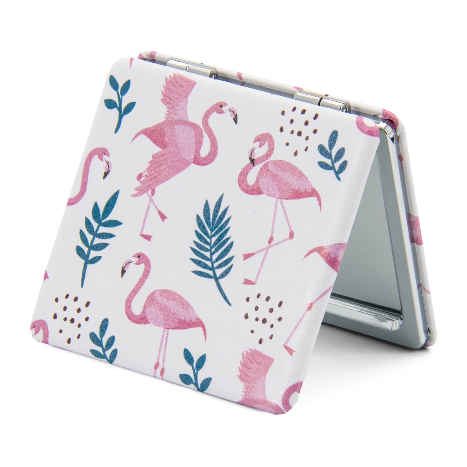 Omiro 1X/3X Magnifying Mirror, Unique Painting Compact Mirror With Classical Pu Leather (Pink Flamingos)