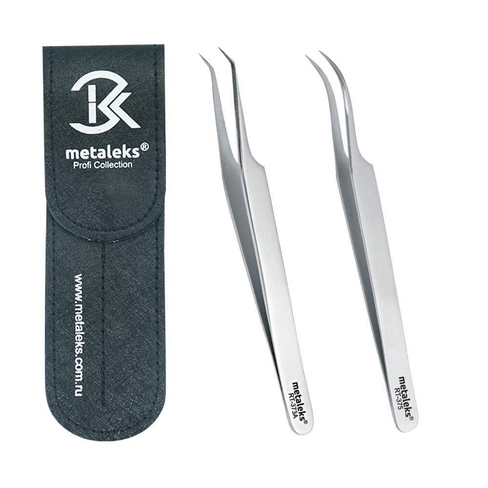 Eyelash Extension Tweezer With Straight And Curved Tip With Black Double Tweezer Magnetic Pouch