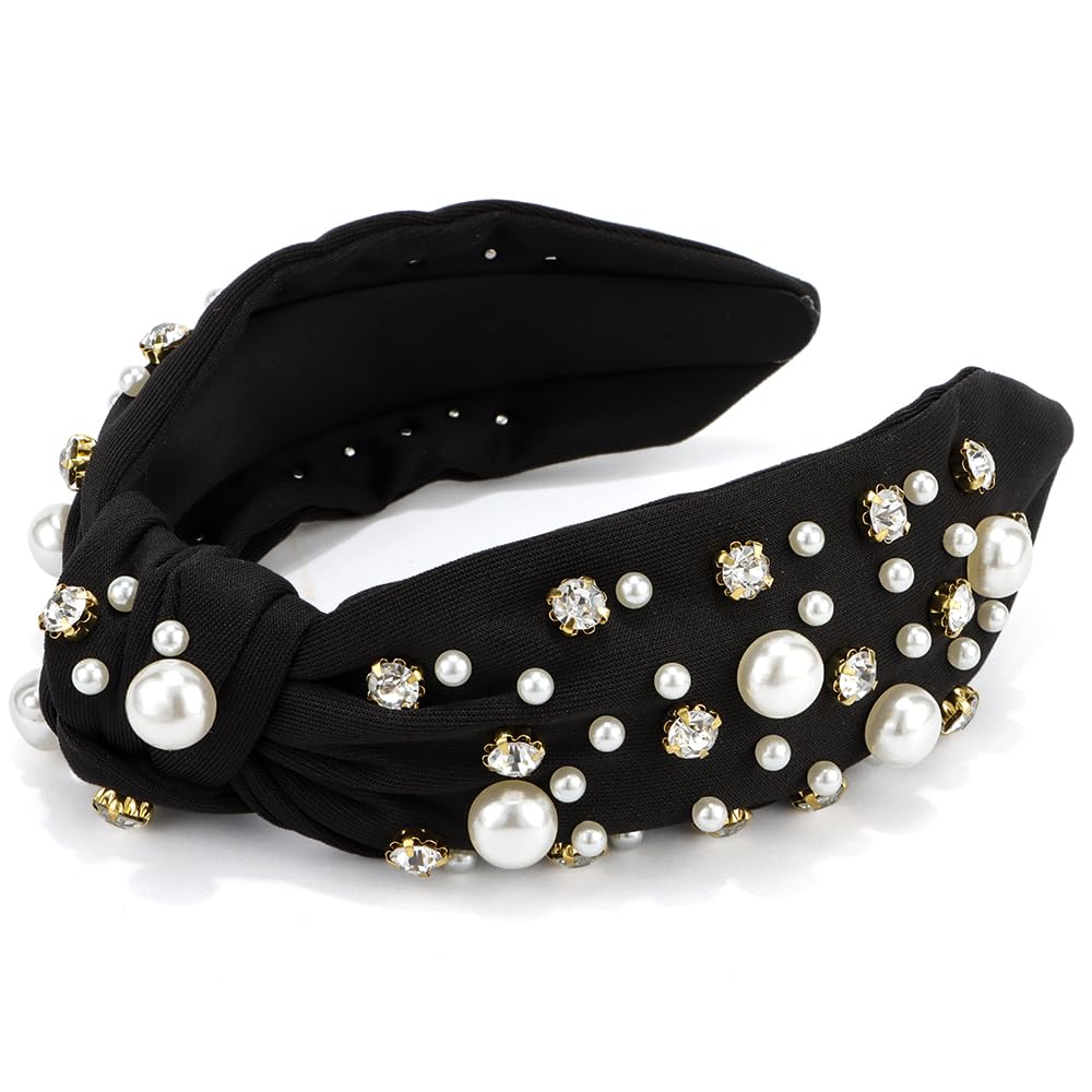 Atoden Black Wide Top Knot Headband with Pearl Rhinestone for Women's Hair Embellished Headbands Non Slip Sparkly Hair Bands Fas
