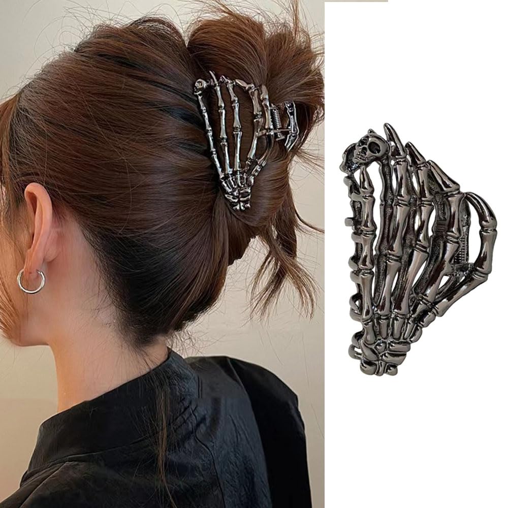 Fashion Skeleton Hand Hair Clips Large No Crease Metal Black Punk Claw Barrettes for Women and Girls - Strong Hold Styling Acces