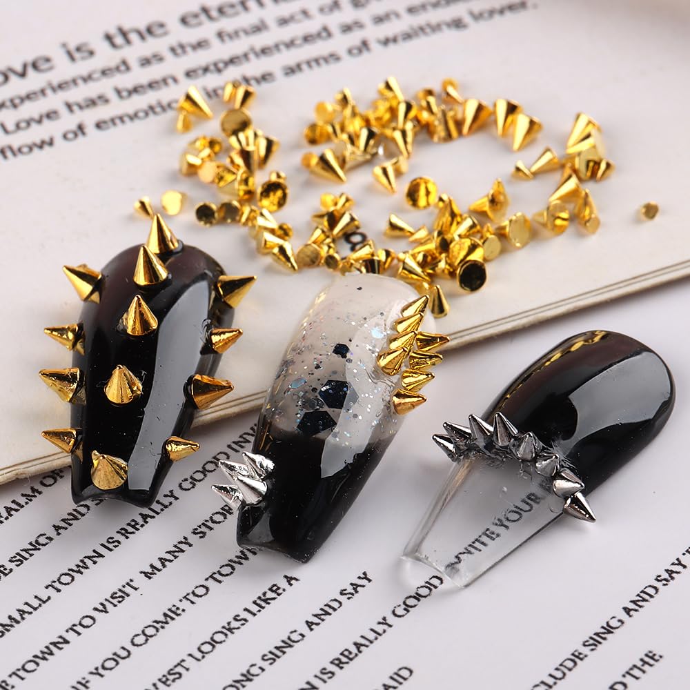 3D Mini Metal Punk Nail Art Studs Mixed Sizes Gold Black Cone Spikes Alloy Nail Rivets Jewelry For Women Goth Nail Art Charms Na